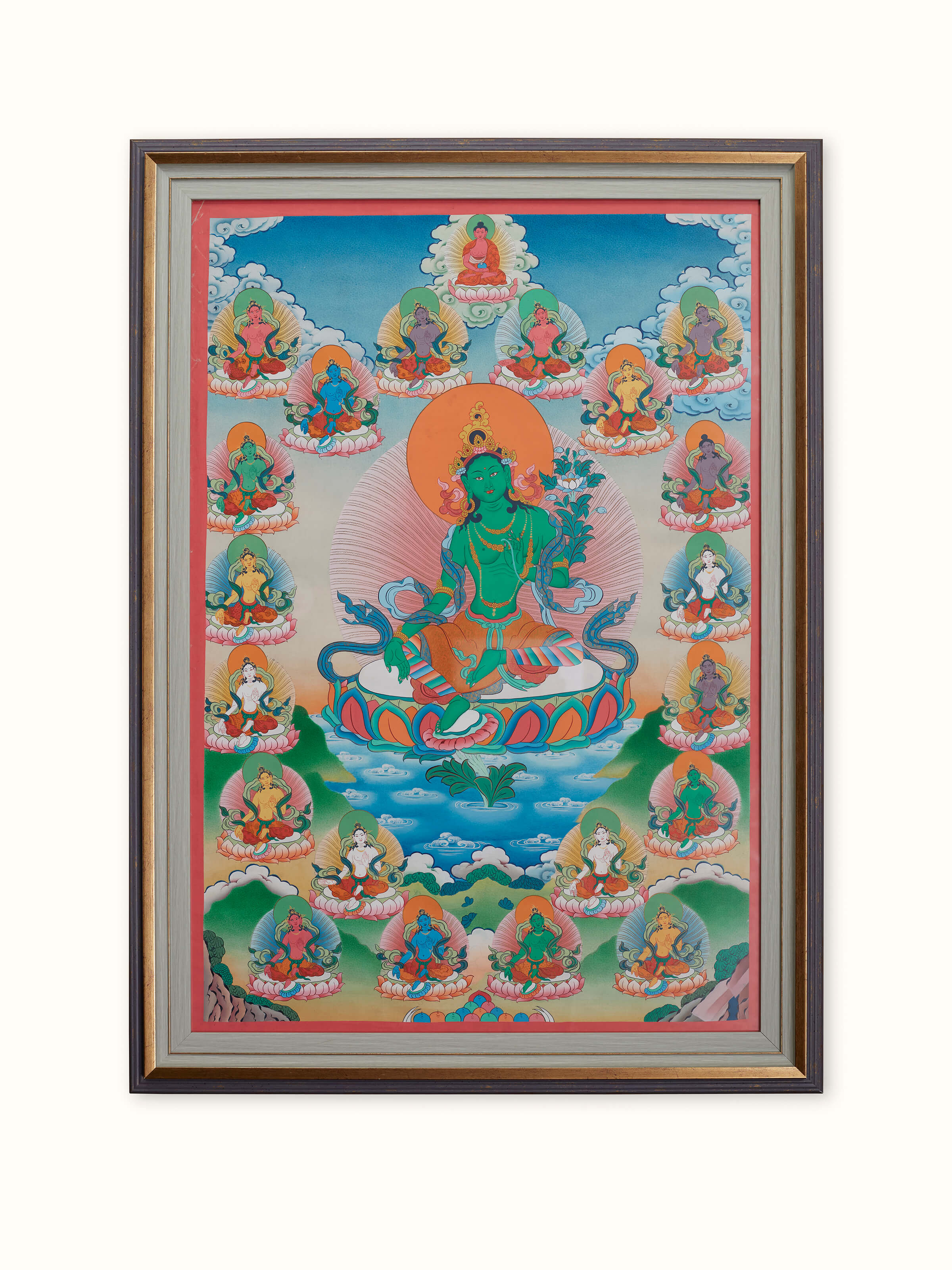 Front view of Thangka 21 Taras painting with vibrant colors and detailed Tara depictions