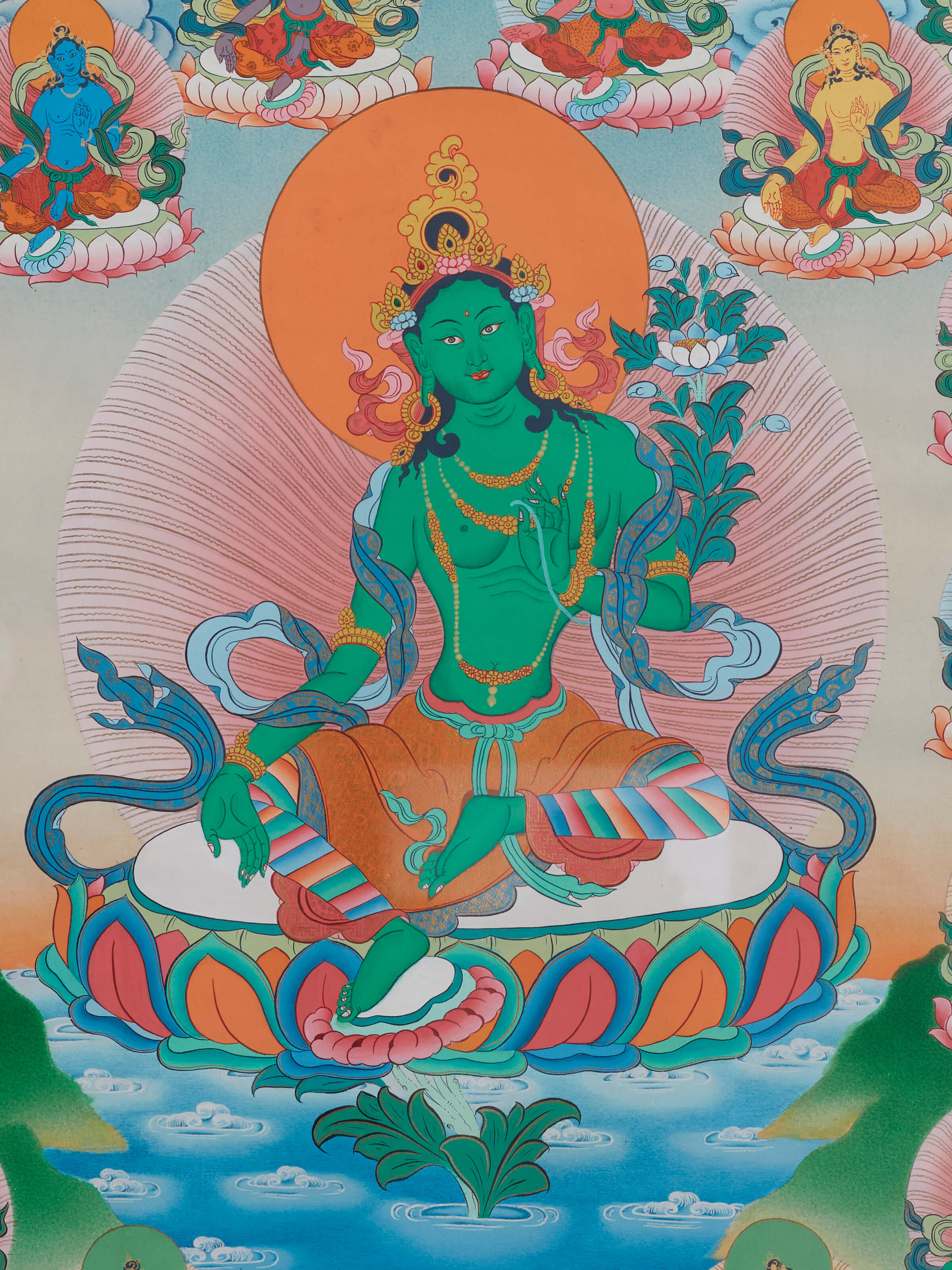 Side view of Thangka 21 Taras painting highlighting intricate details and fine brushwork