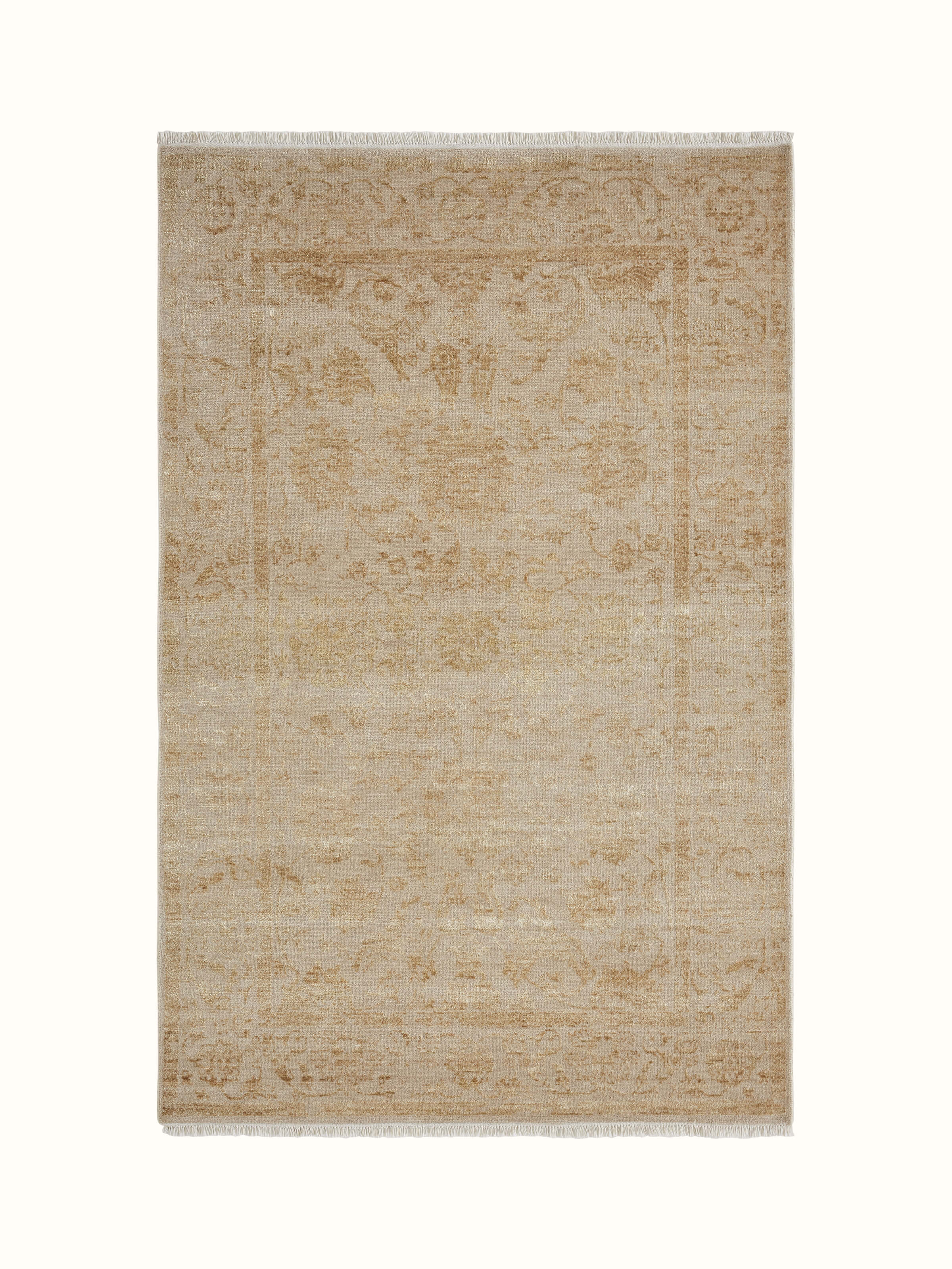 Full view of the distressed transitional gold Agra rug, showcasing its intricate hand-knotted design and luxurious texture
