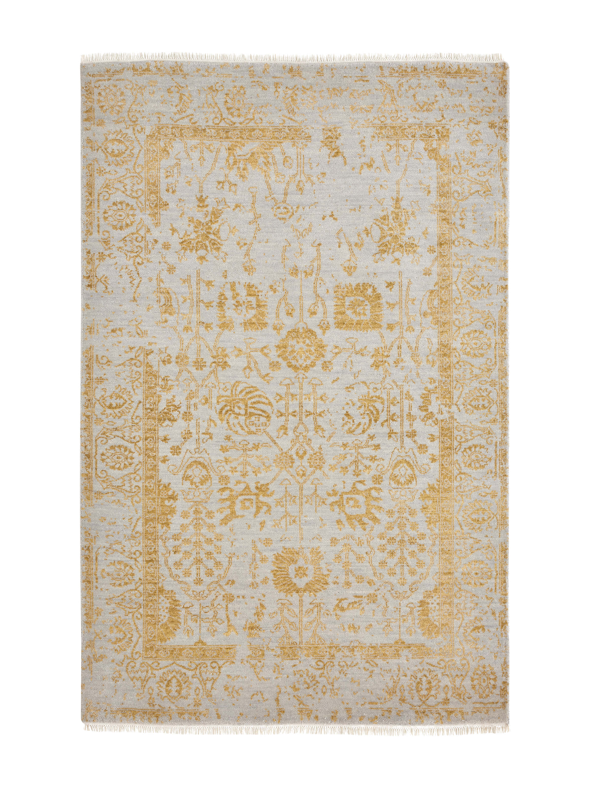 Full view of Distressed Transitional Grey Gold Agra Wool & Viscose Hand-Knotted Rug, showcasing the elegant grey and gold pattern.