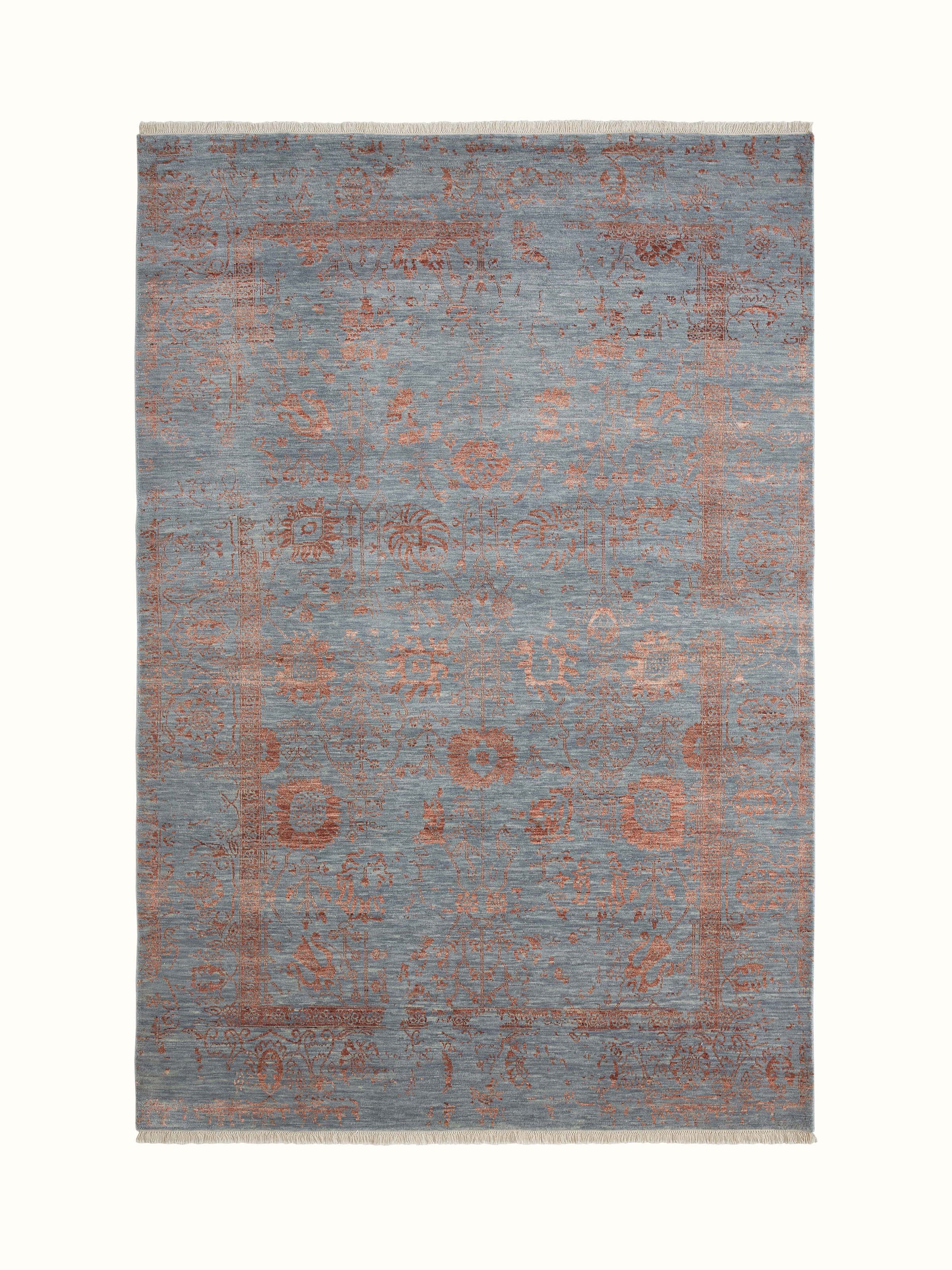 Distressed transitional dark grey copper Agra wool & viscose hand-knotted rug - Full view displaying the intricate pattern and color