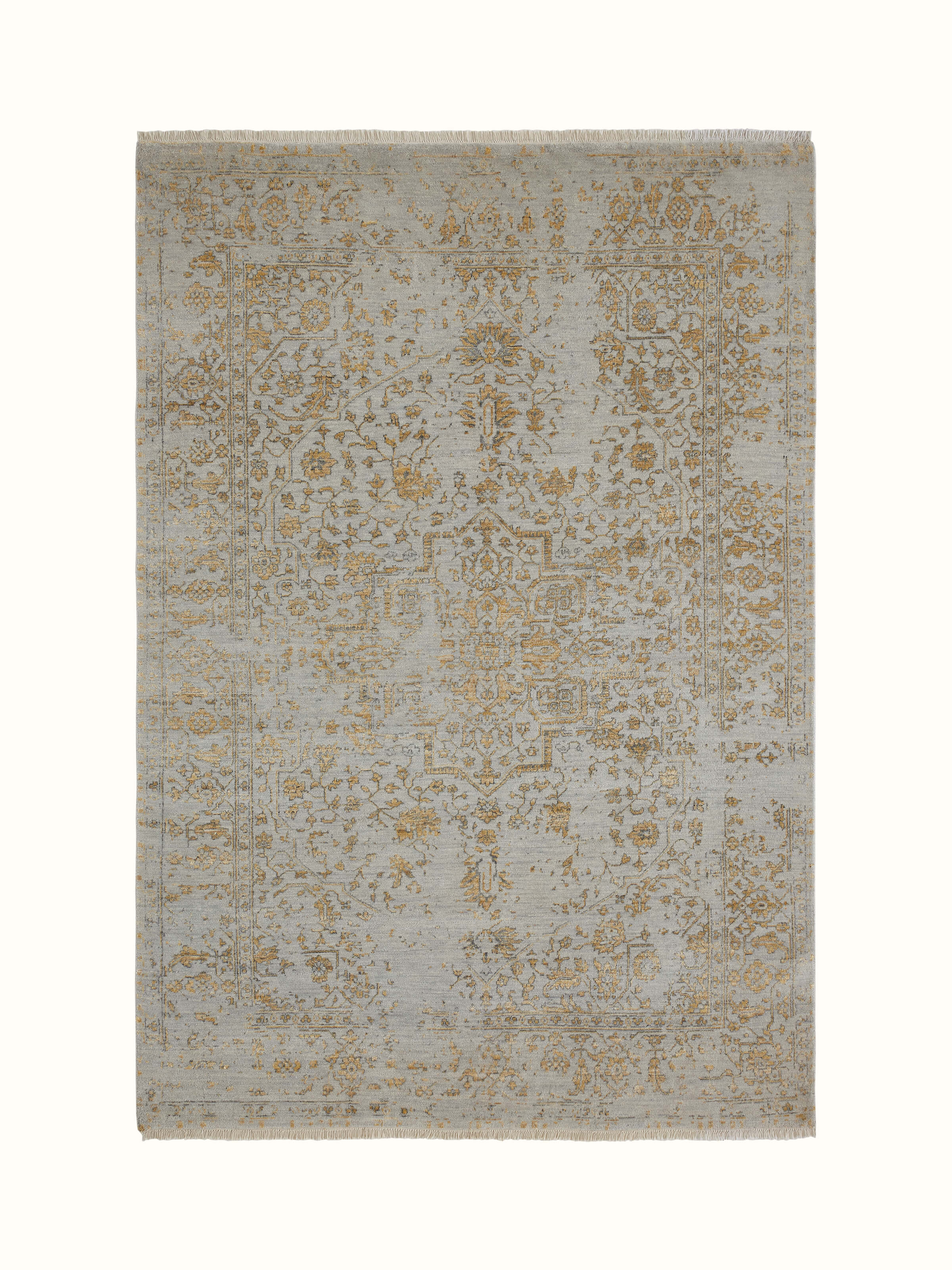 Distressed transitional grey Agra wool & viscose hand-knotted rug, showcasing its intricate pattern and texture