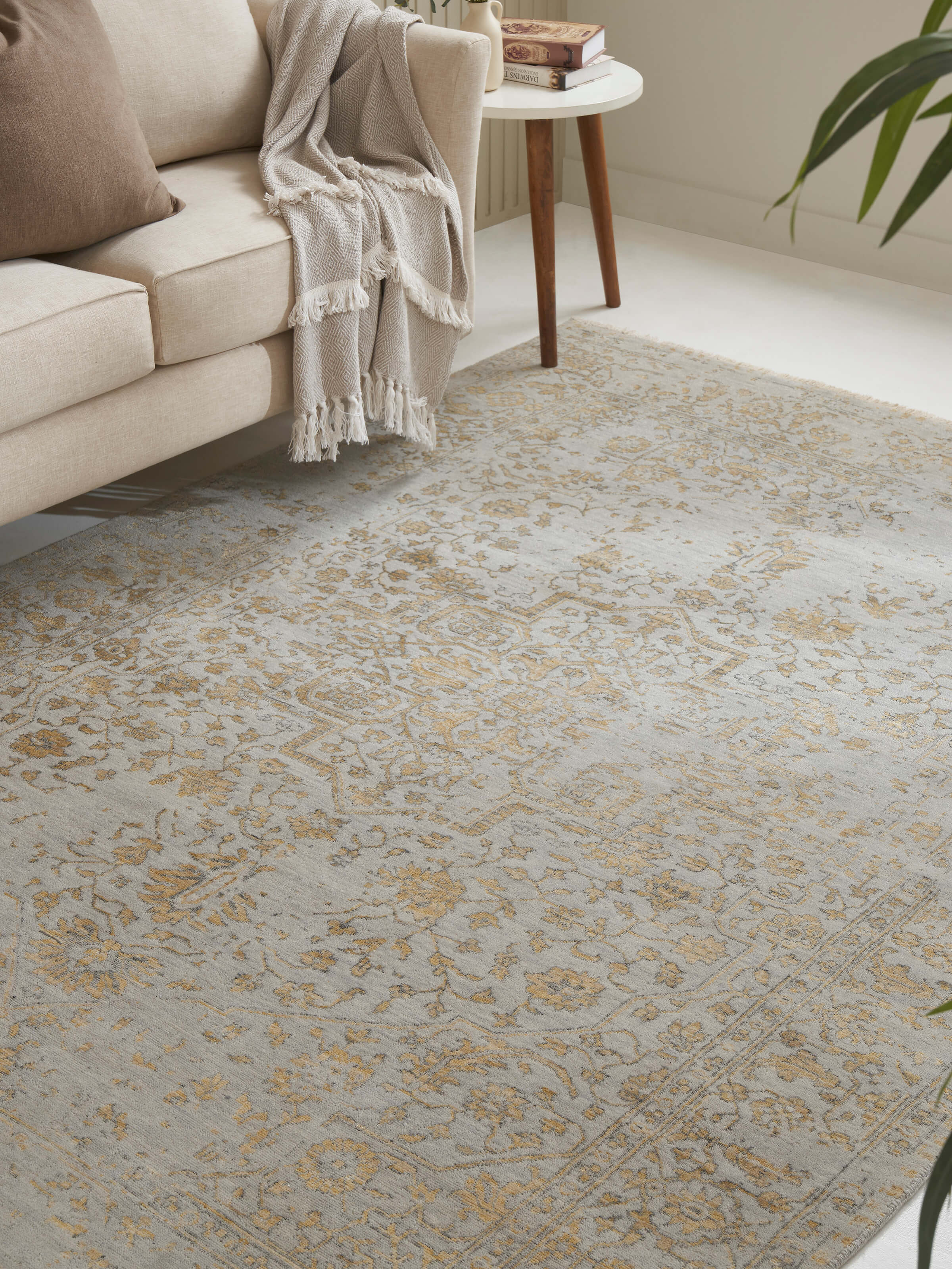 Lifestyle image showing Agra hand-knotted rug in distressed grey pattern – wool and viscose blend