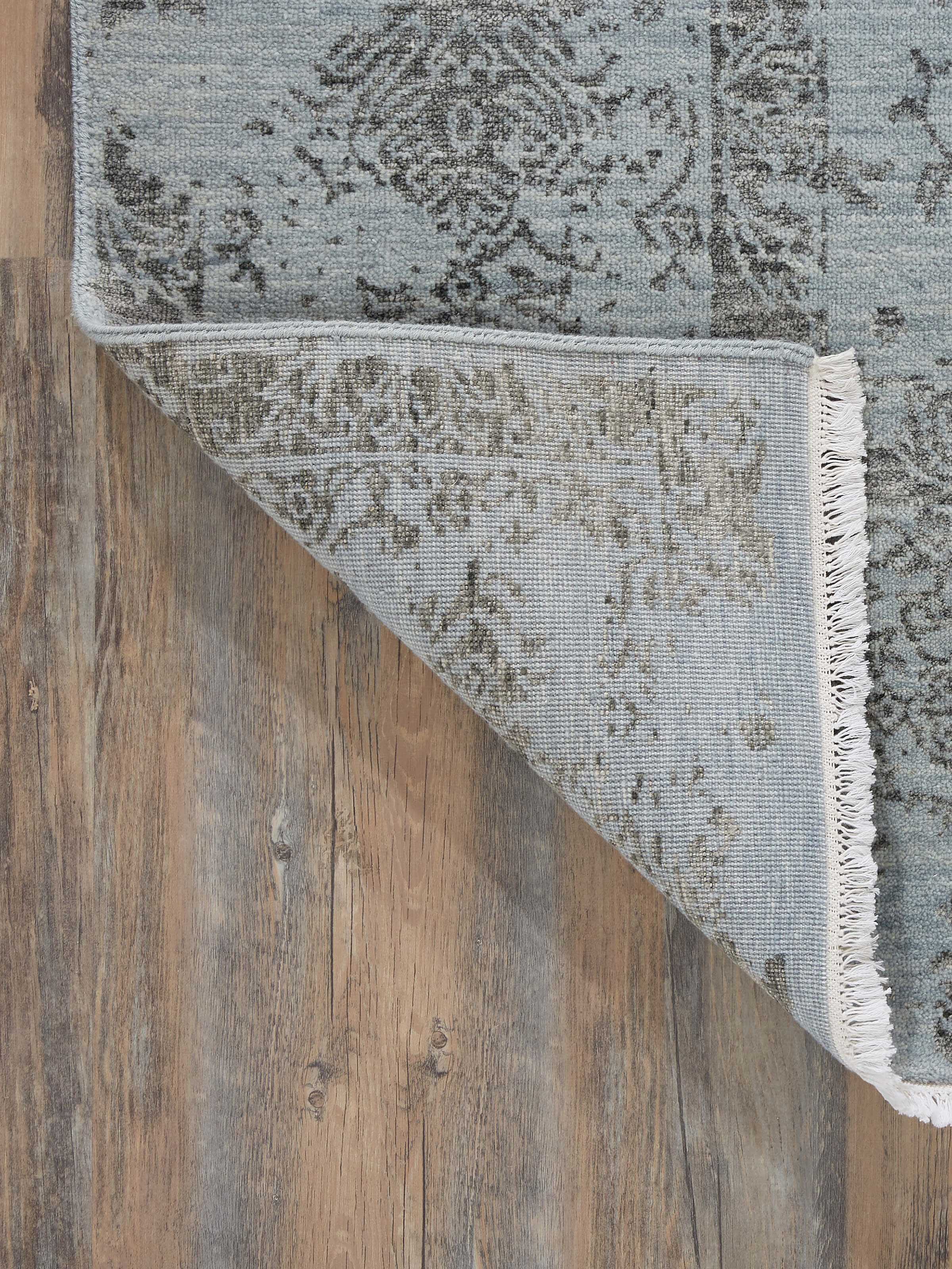 Bird’s-eye view of Distressed Transitional Blue Charcoal Agra Wool & Viscose Hand-Knotted Rug showing the full design and layout.