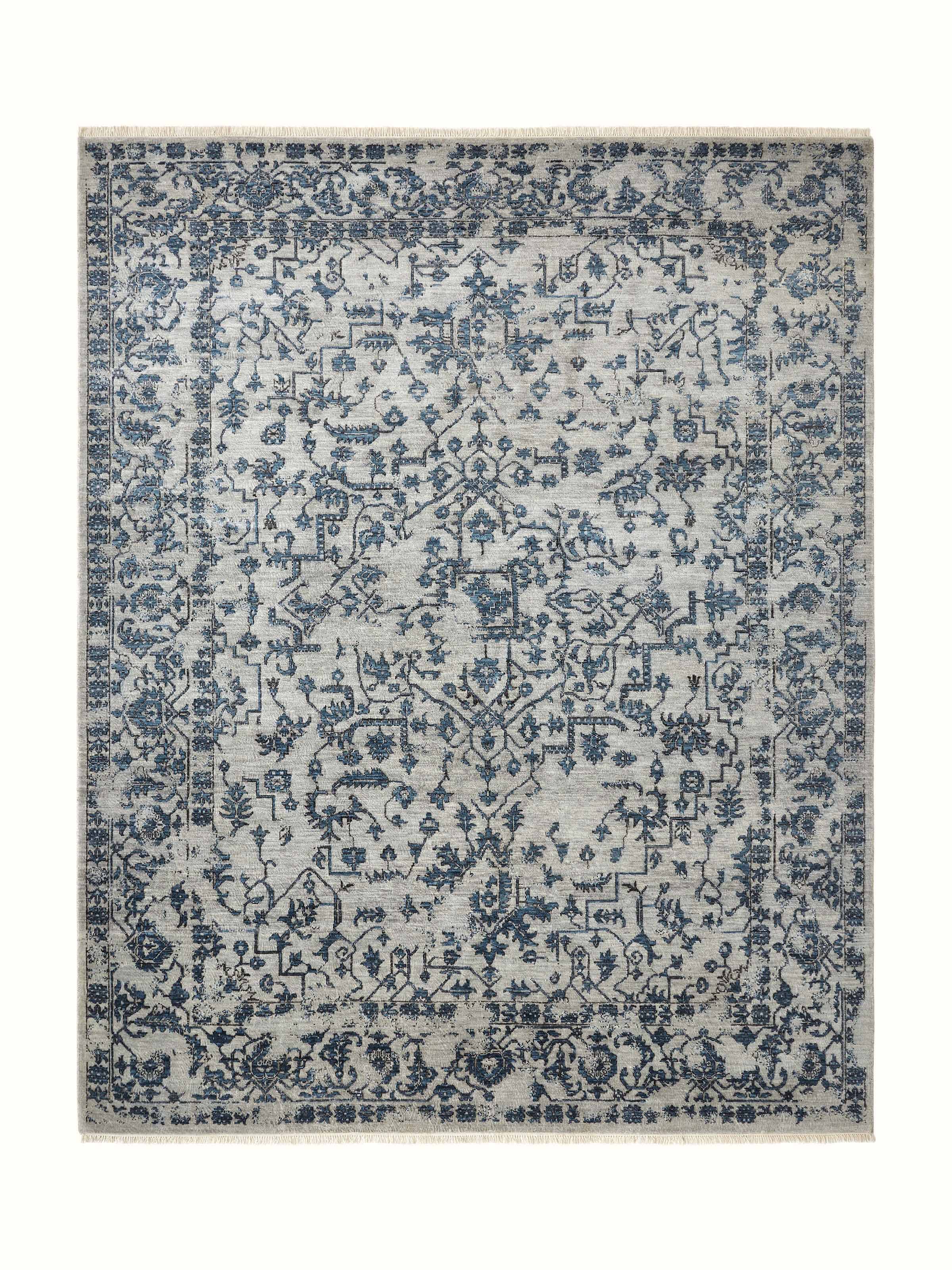 Full view of Distressed Transitional Grey Blue Agra Wool Hand-knotted Rug by Swadesh, showcasing intricate craftsmanship and muted tones.