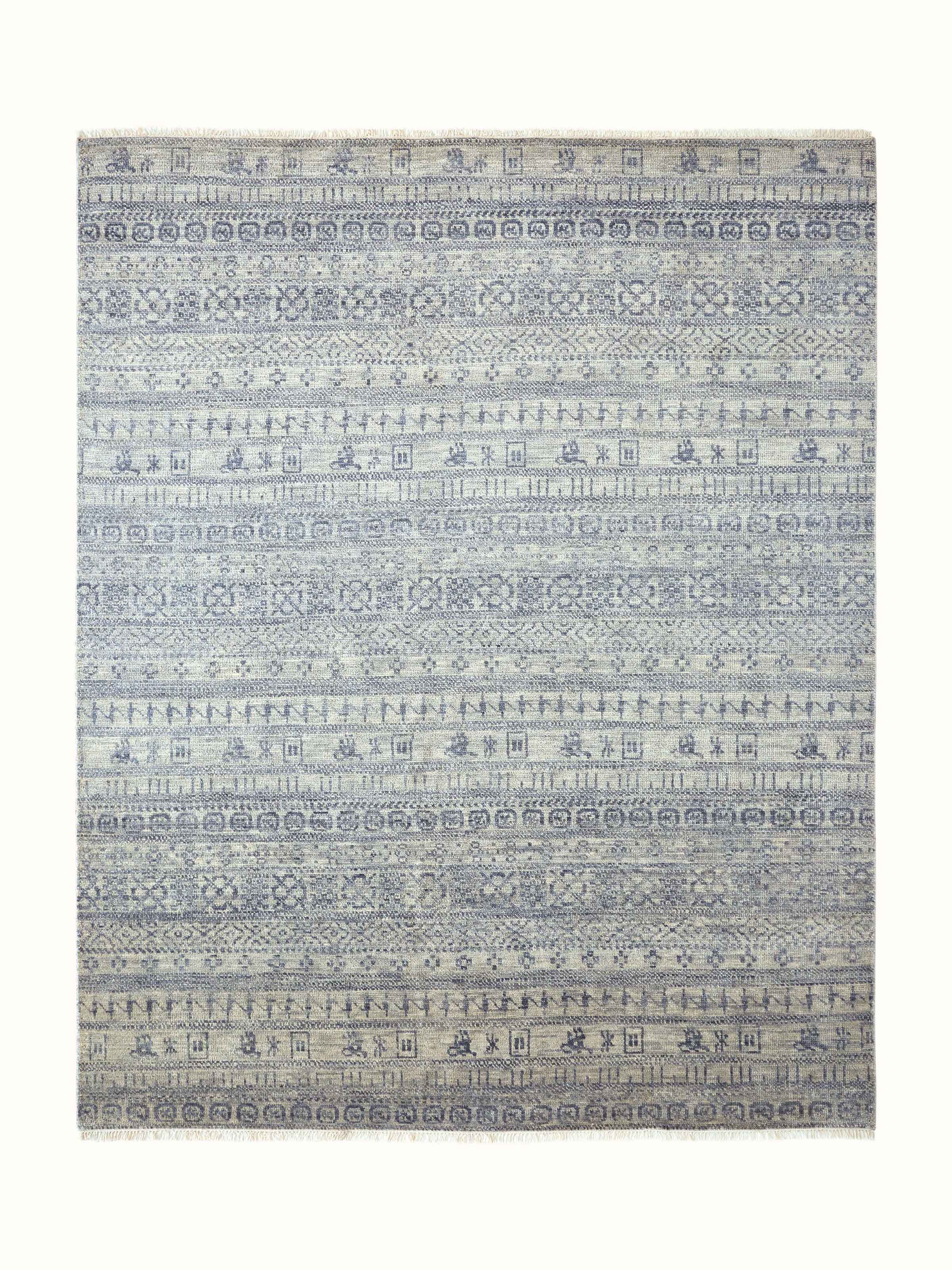 Full view of the Bohemian Classic grey-blue Agra wool rug, showcasing the intricate hand-knotted design and elegant color palette.
