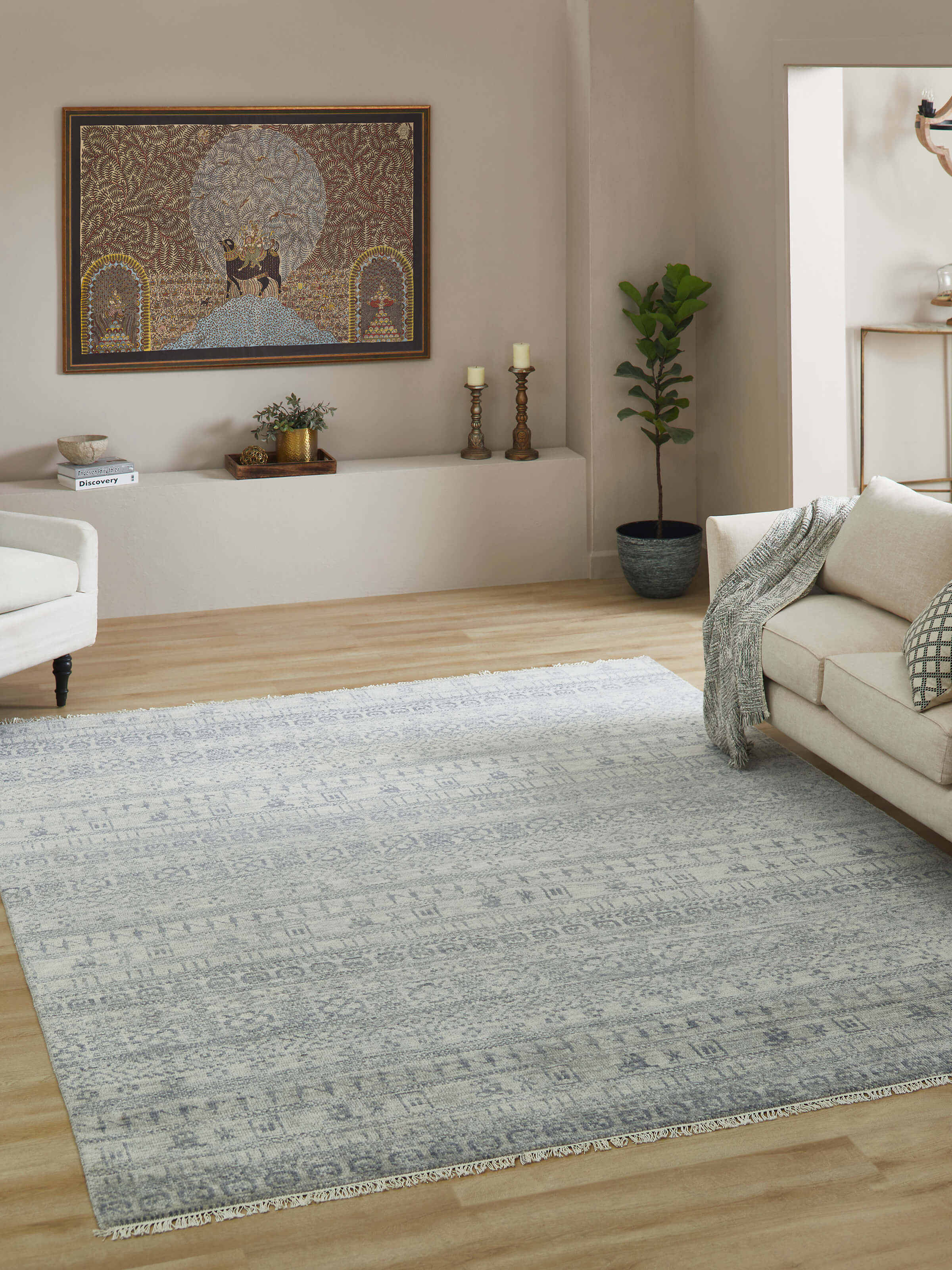 Close-up view of the Bohemian Classic Agra wool rug, highlighting the detailed hand-knotted pattern and the sophisticated grey-blue hues.