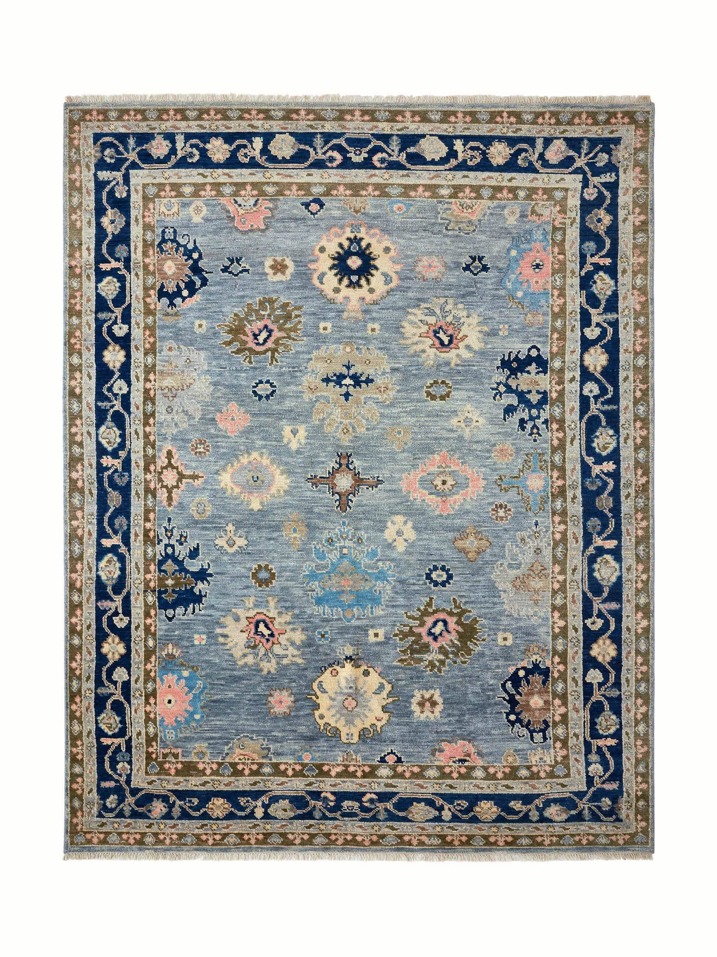 Oushak traditional blue Agra wool hand-knotted rug with intricate patterns and a classic design.