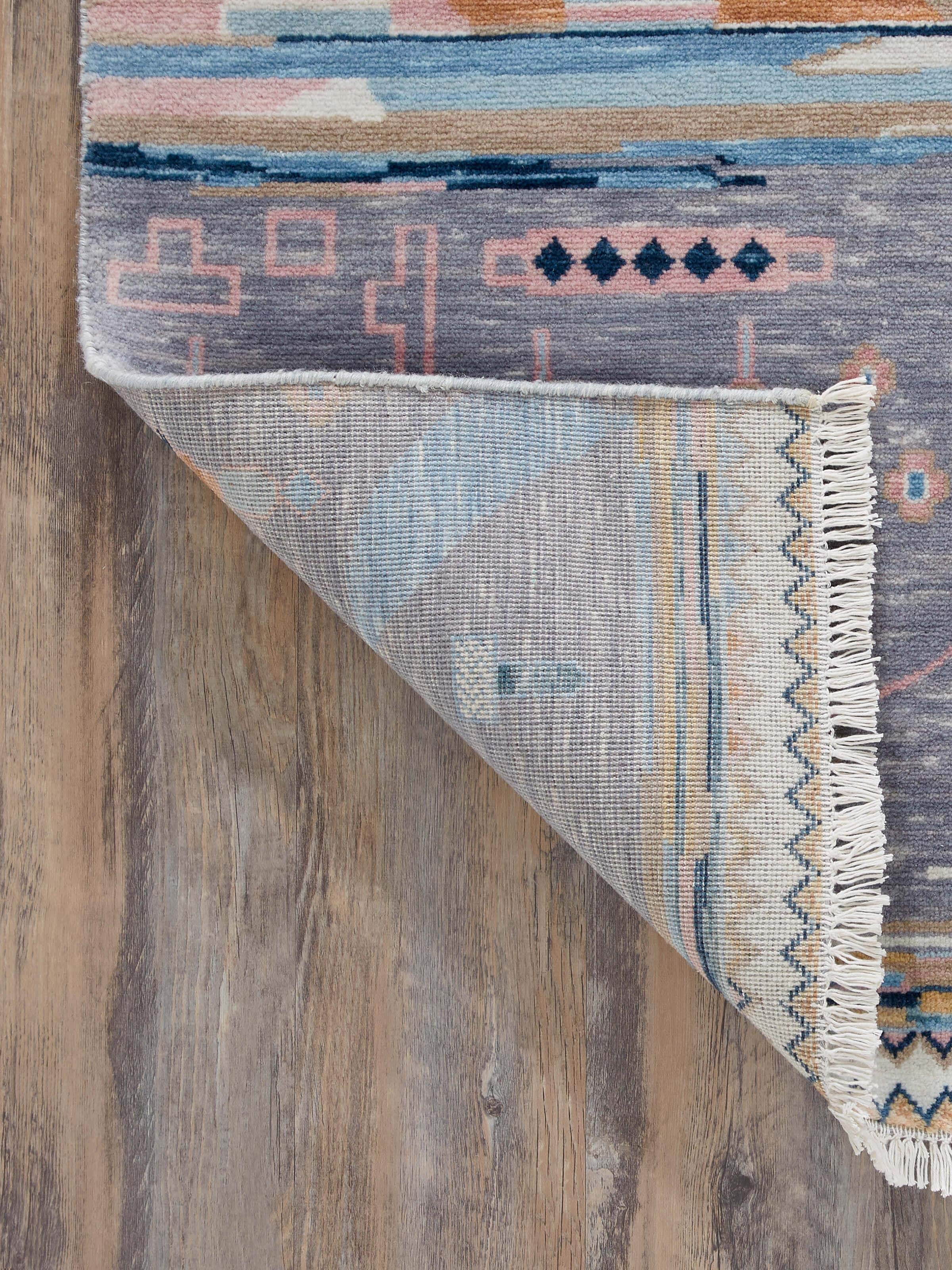 Full view of Abstract patchwork blue Agra wool hand-knotted rug, showcasing the comprehensive design and hand-knotted craftsmanship.