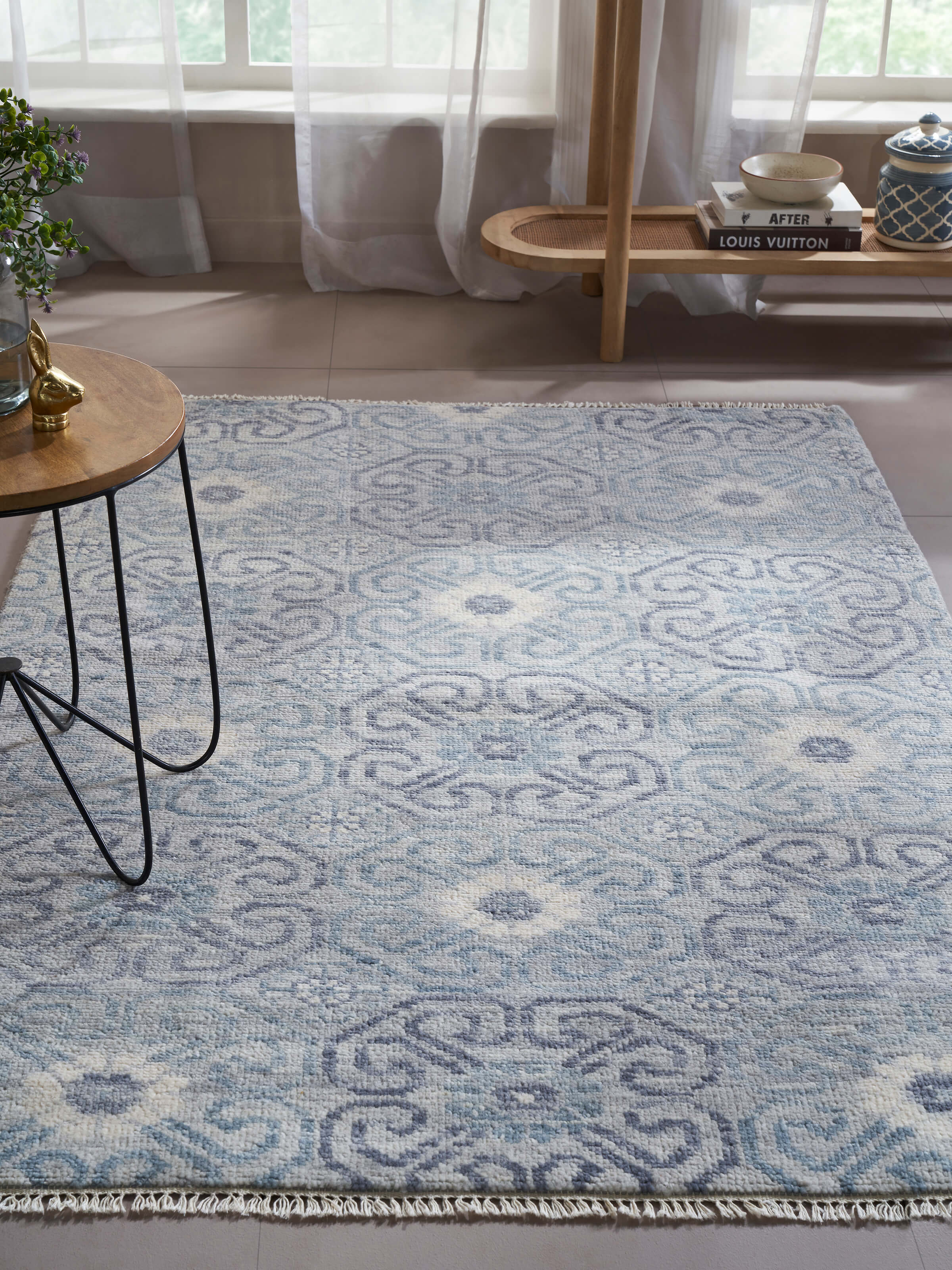 Close-up of Vintage Moroccan Grey Agra Wool Hand-Knotted Rug highlighting the detailed texture and grey color.