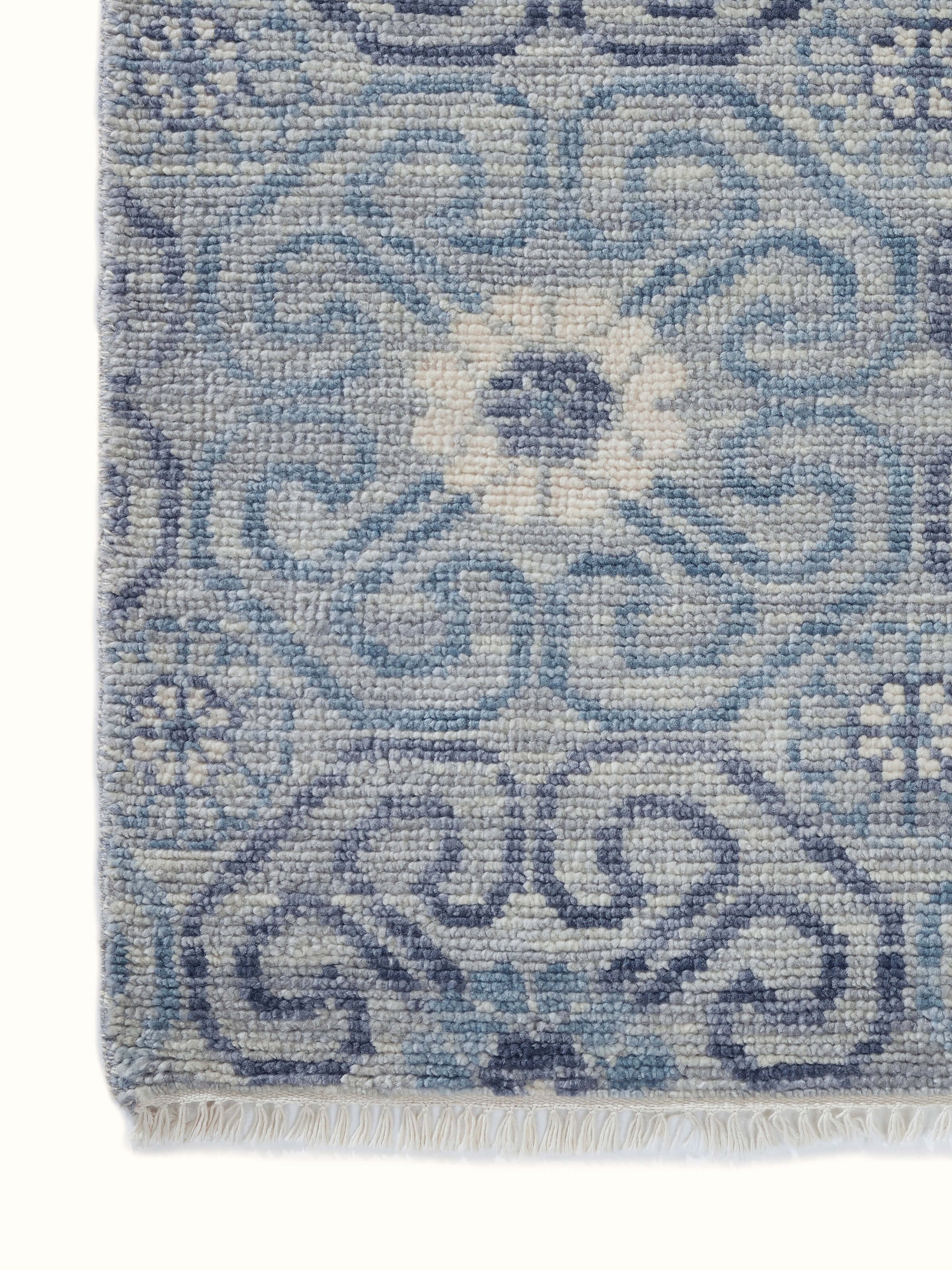 Vintage Moroccan Grey Agra Wool Hand-Knotted Rug displayed on a floor, showcasing its full design and texture.