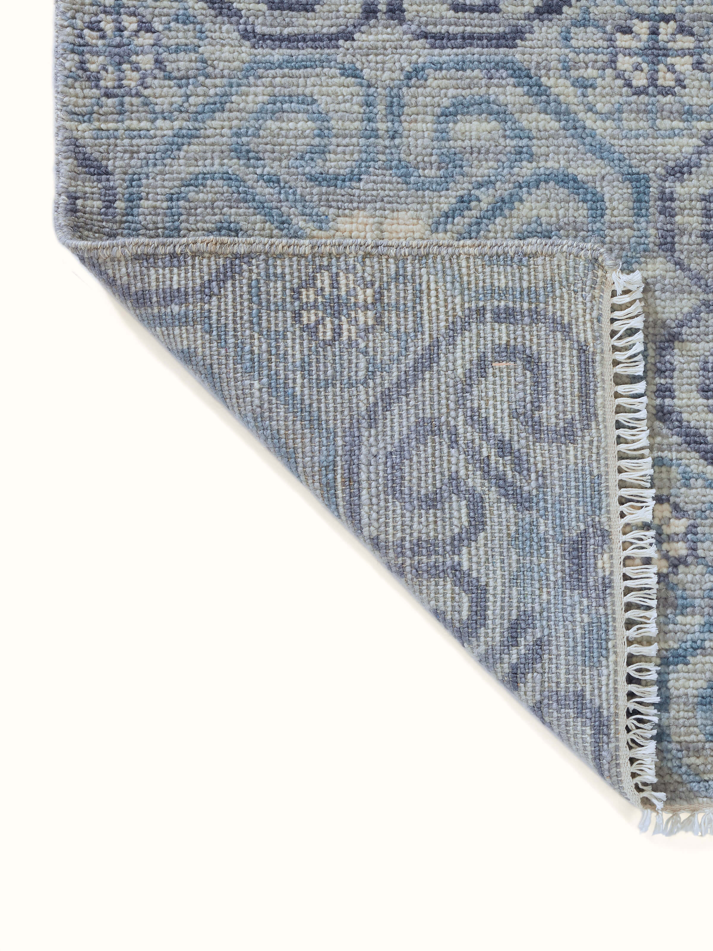 Full view of Vintage Moroccan Grey Agra Wool Hand-Knotted Rug showing the rug's placement and overall design.