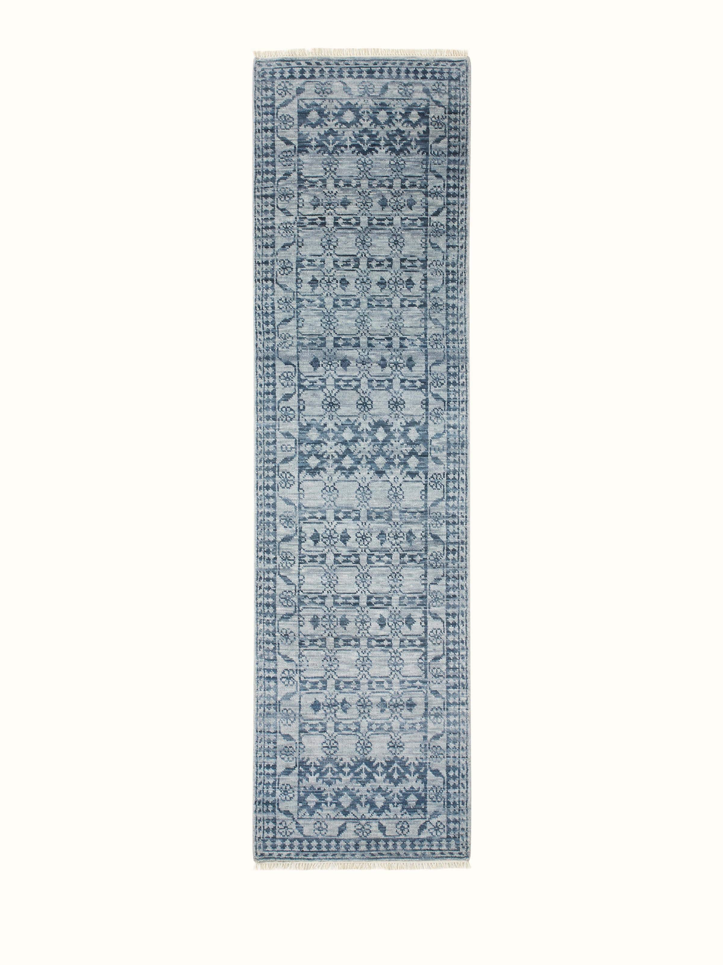 Ziegler Traditional Blue Agra Wool Hand-Knotted Runner, featuring a classic blue pattern with intricate traditional designs.