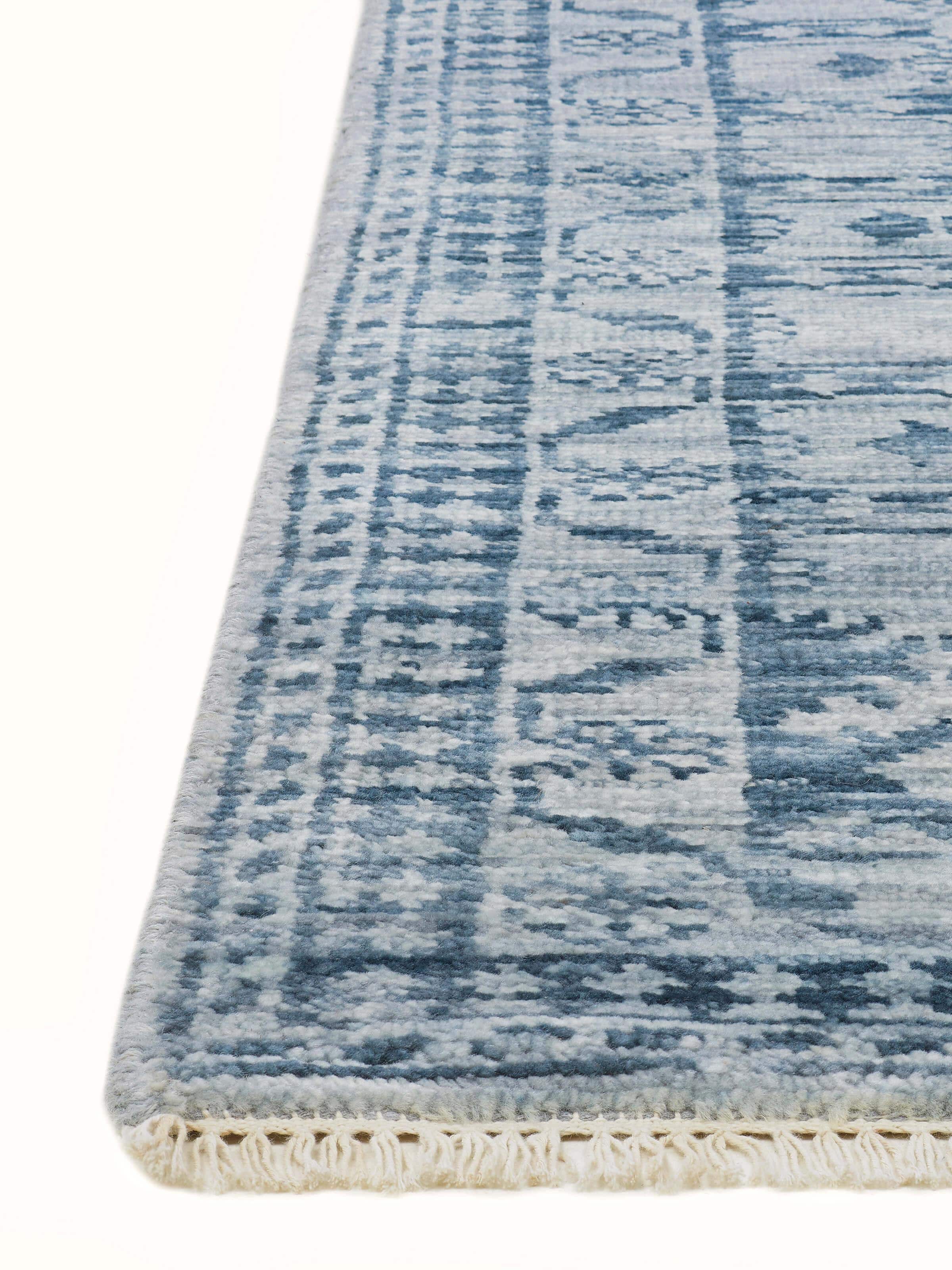 Detailed view of the Ziegler Traditional Blue Agra Wool Hand-Knotted Runner, showing the intricate patterns and wool texture.