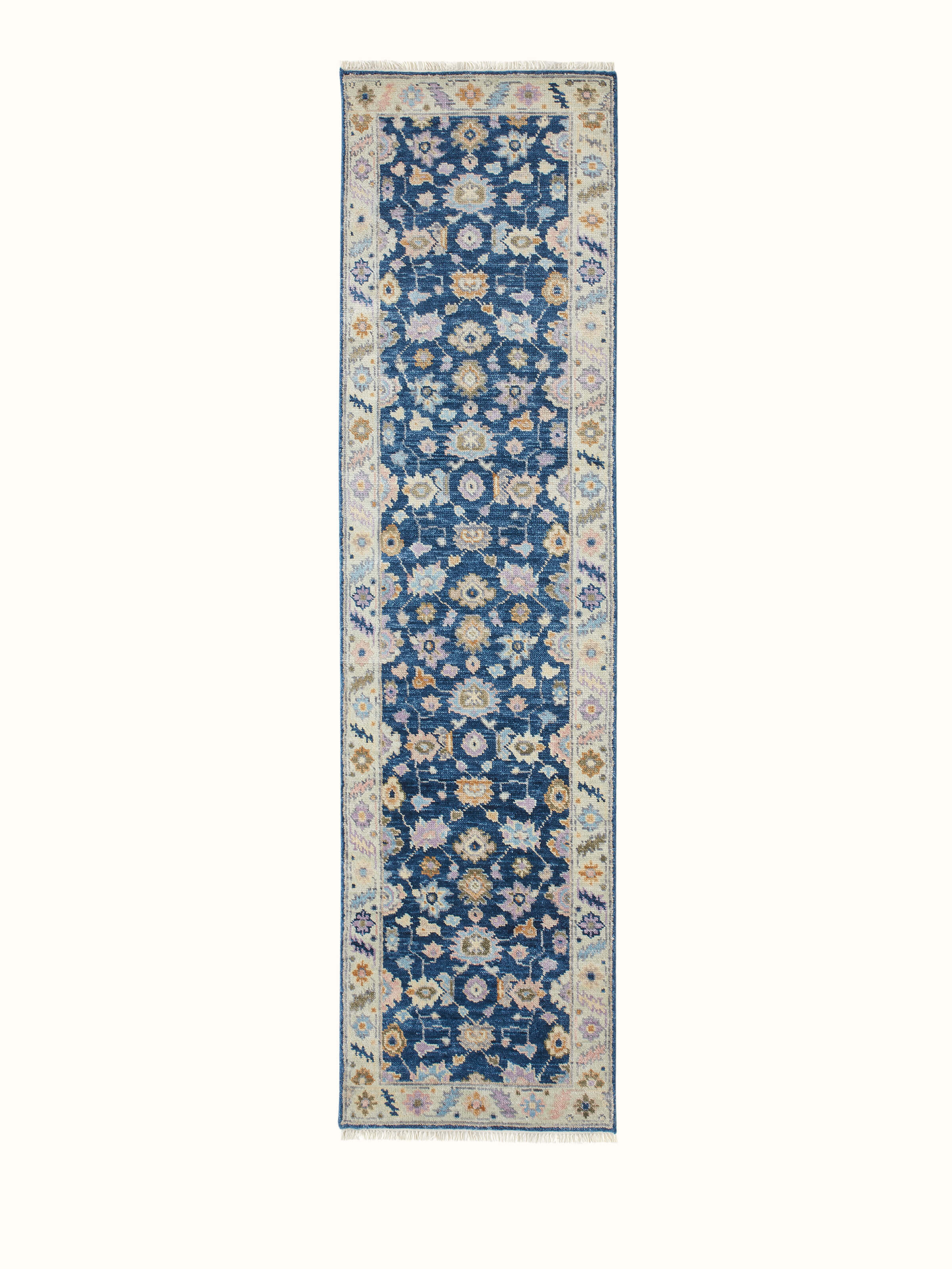 Front view of Ziegler traditional blue chobi Agra wool hand-knotted runner highlighting its rich color and pattern