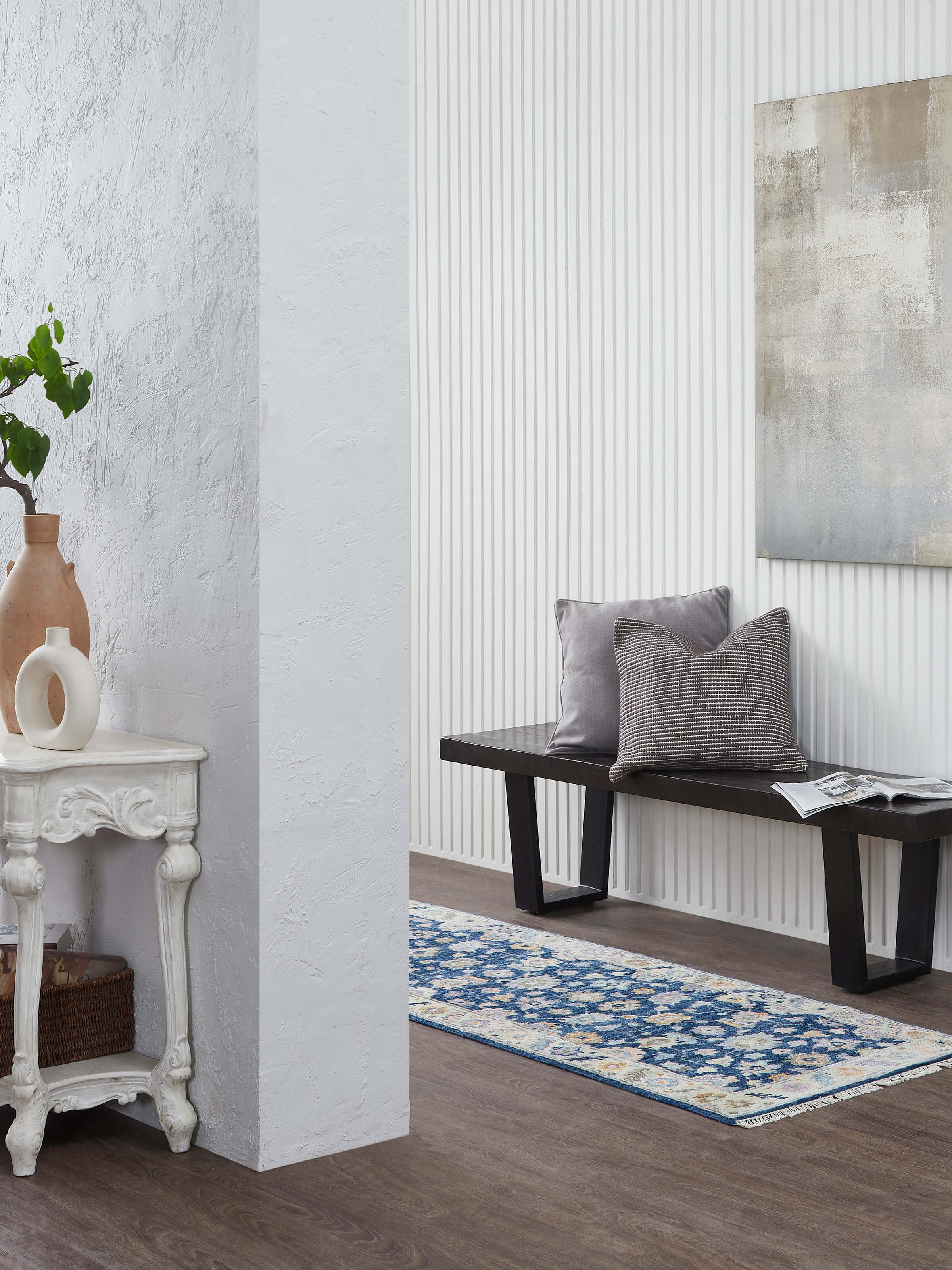 Side view of Ziegler traditional blue chobi Agra wool hand-knotted runner showing detailed craftsmanship