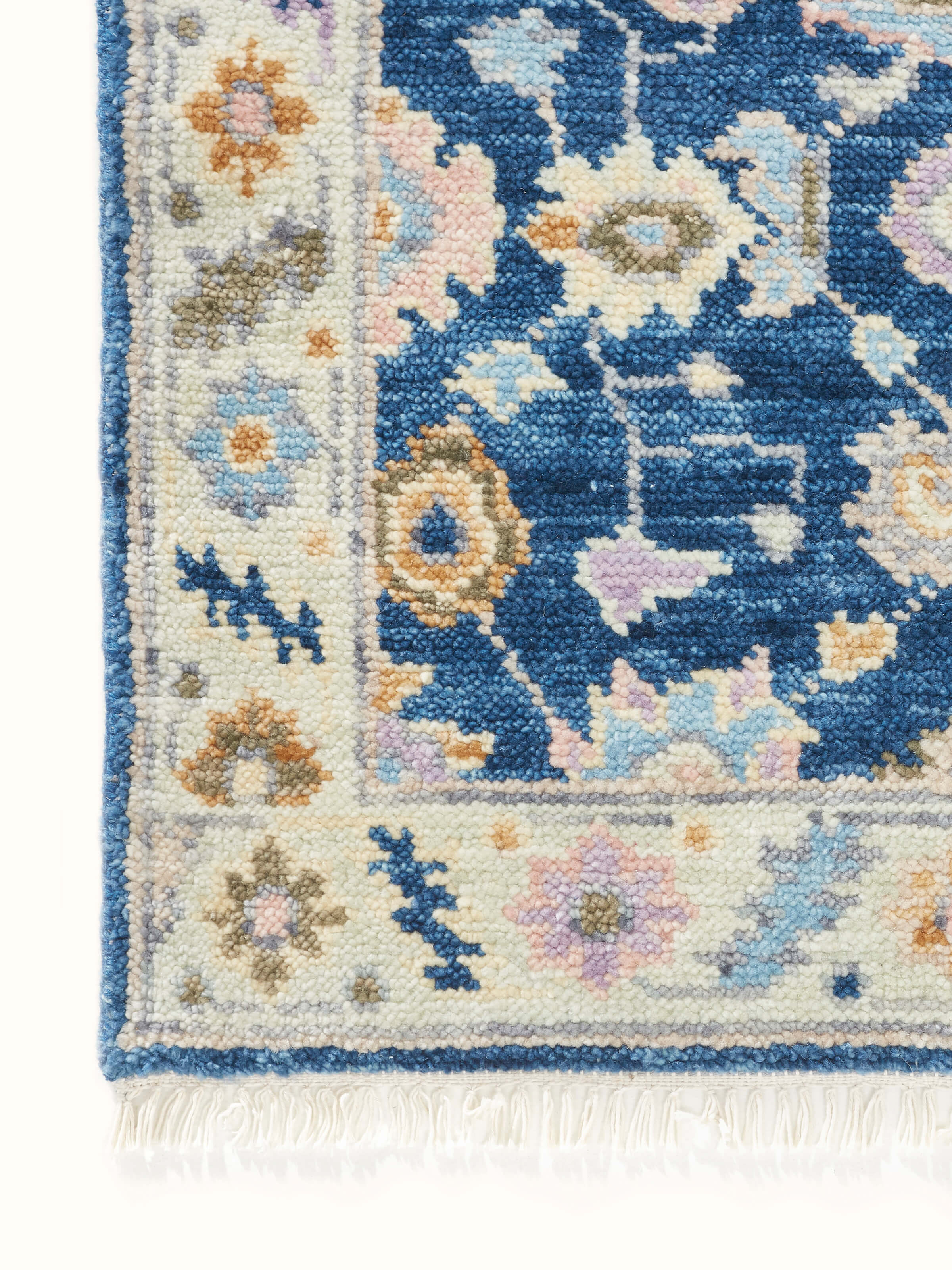 Detailed view of Ziegler traditional blue chobi Agra wool hand-knotted runner showcasing fine wool quality