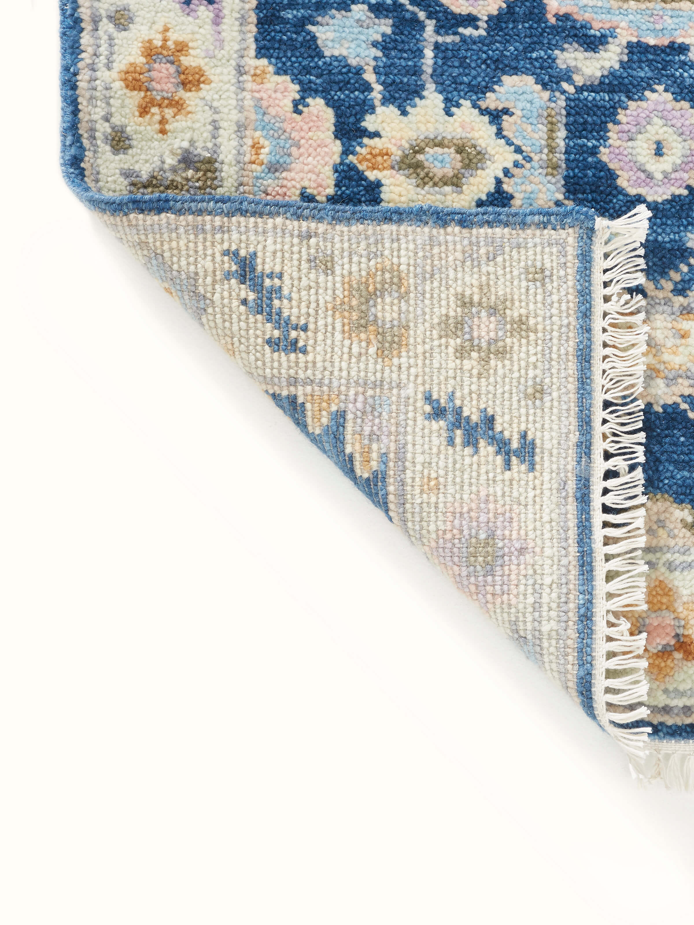 Full view of Ziegler traditional blue chobi Agra wool hand-knotted runner displayed in a room setting