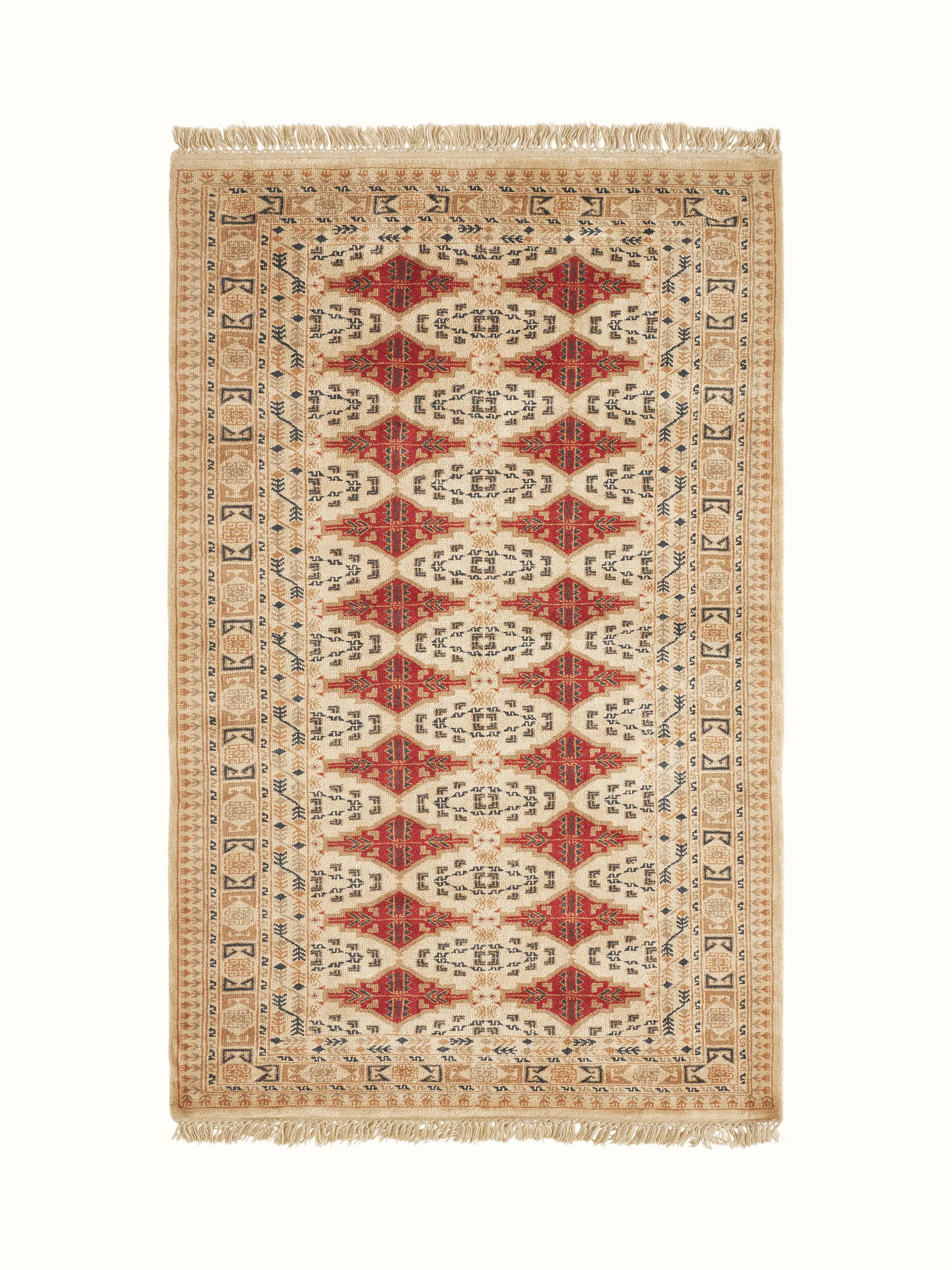 Traditional Bukhara beige rust Gwalior wool hand-knotted rug with intricate patterns, showcasing the full design and color