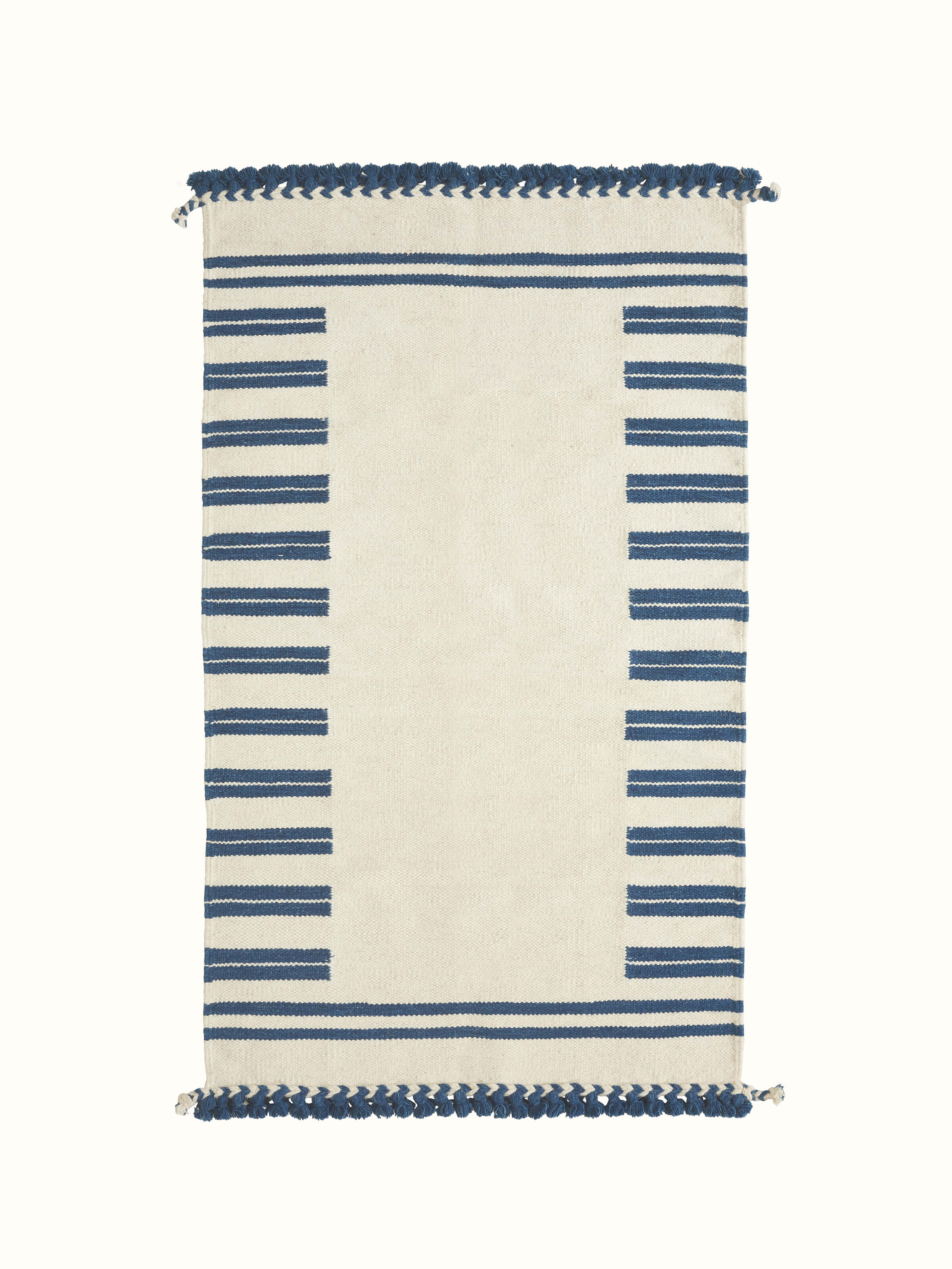 Full view of Geo Border Ivory Blue Gujarat Wool & Cotton Panja Dhurrie (3x5 ft), showcasing the geometric border design and color contrast.