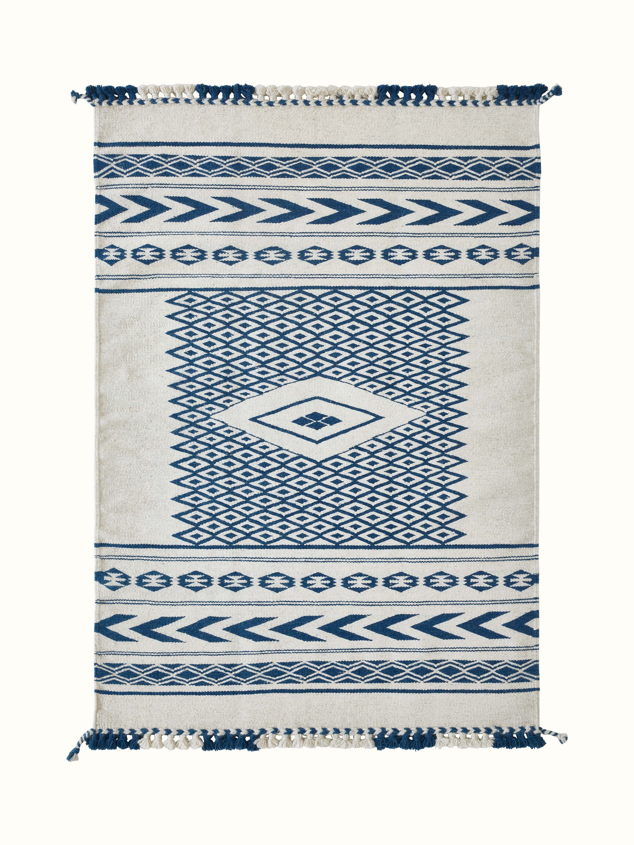 Traditional Geo Ivory Indigo Gujarat Wool & Cotton Panja Dhurrie Kharad, featuring a full view with its geometric design and colors.