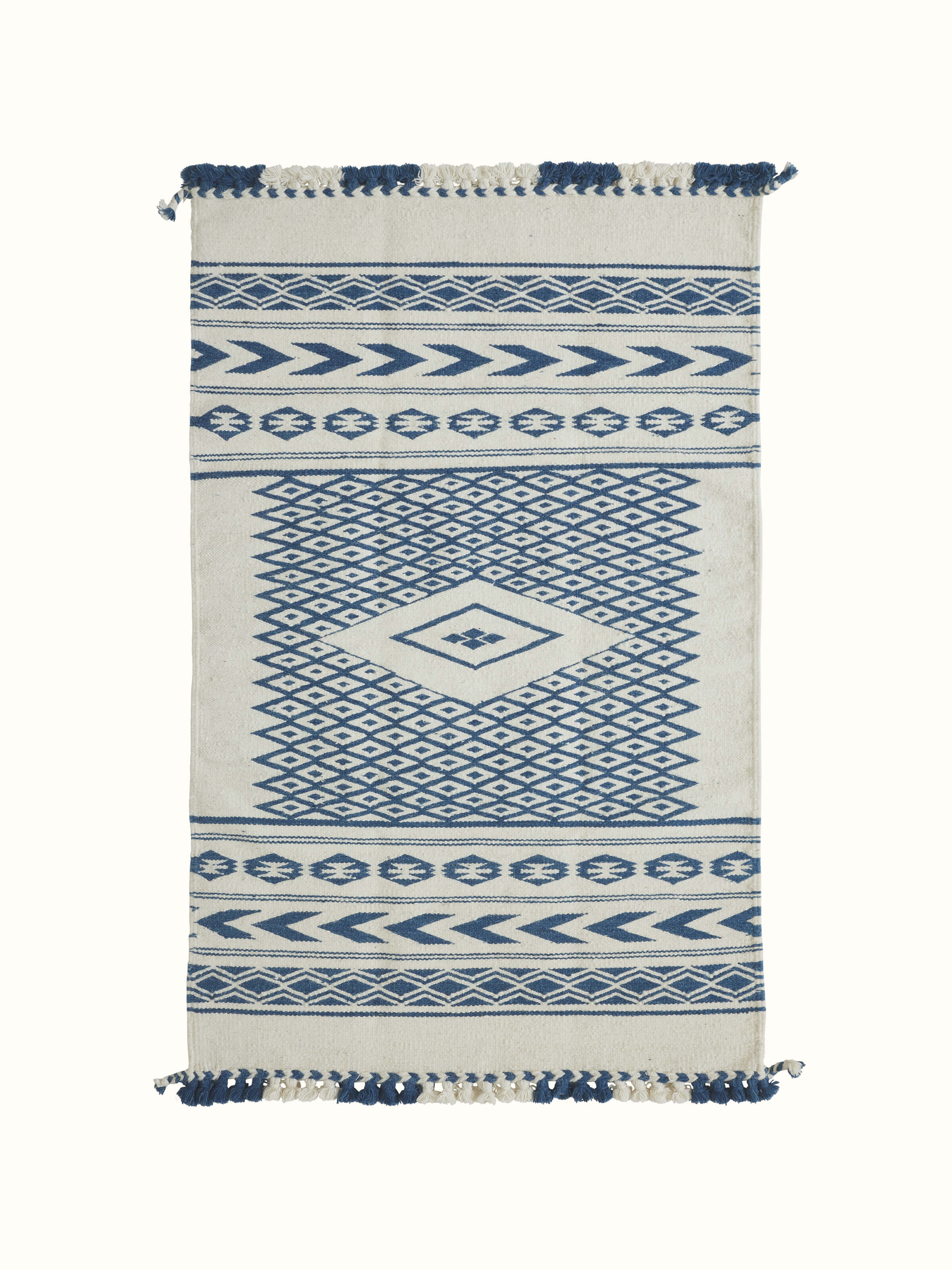 Full view of Traditional geo ivory indigo Gujarat wool & cotton panja dhurrie kharad (3x5 ft) showcasing the geometric patterns and color contrast.