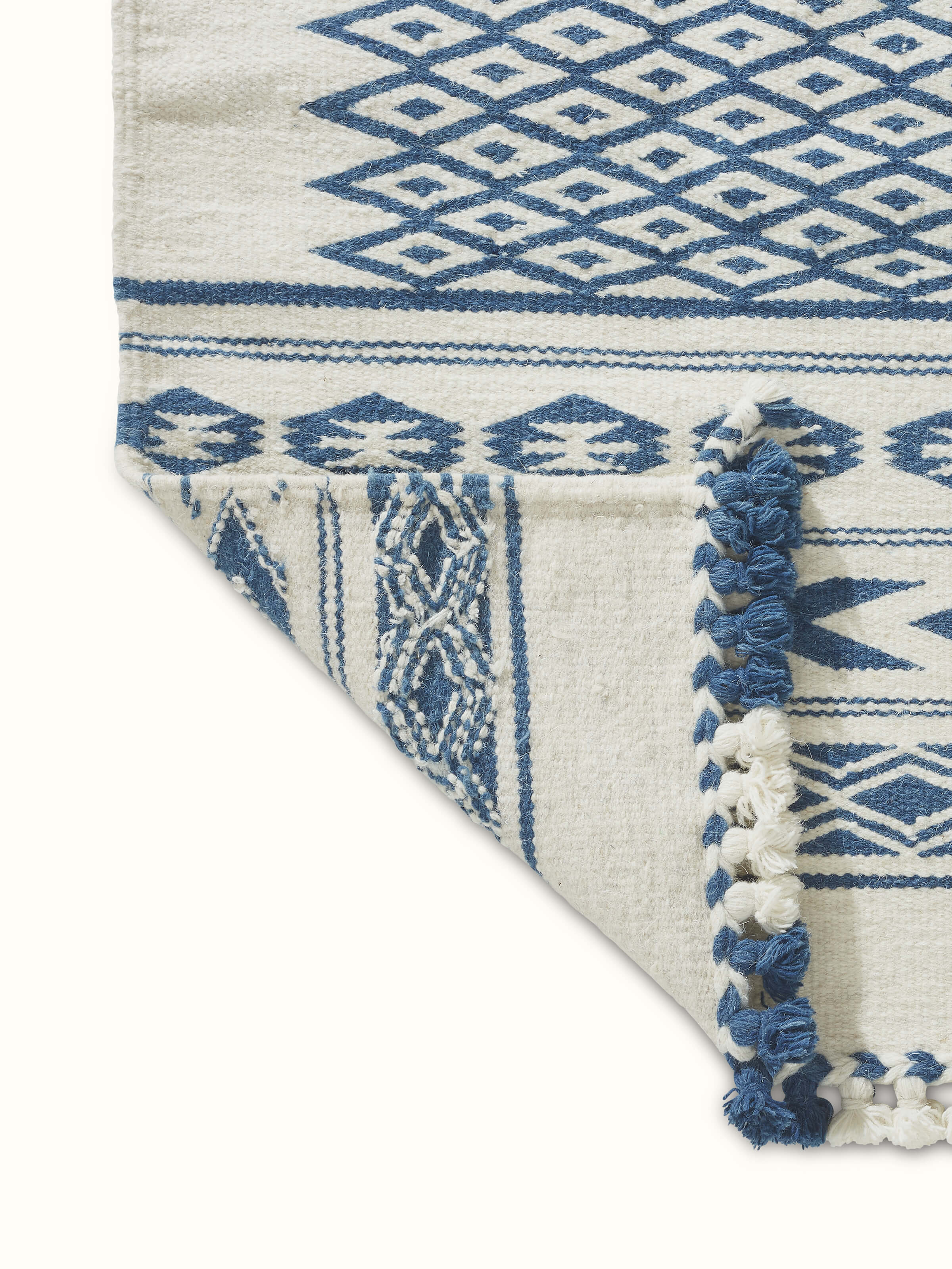 Full view of Traditional geo ivory indigo Gujarat wool & cotton panja dhurrie kharad (3x5 ft) capturing the entire rug and its pattern.