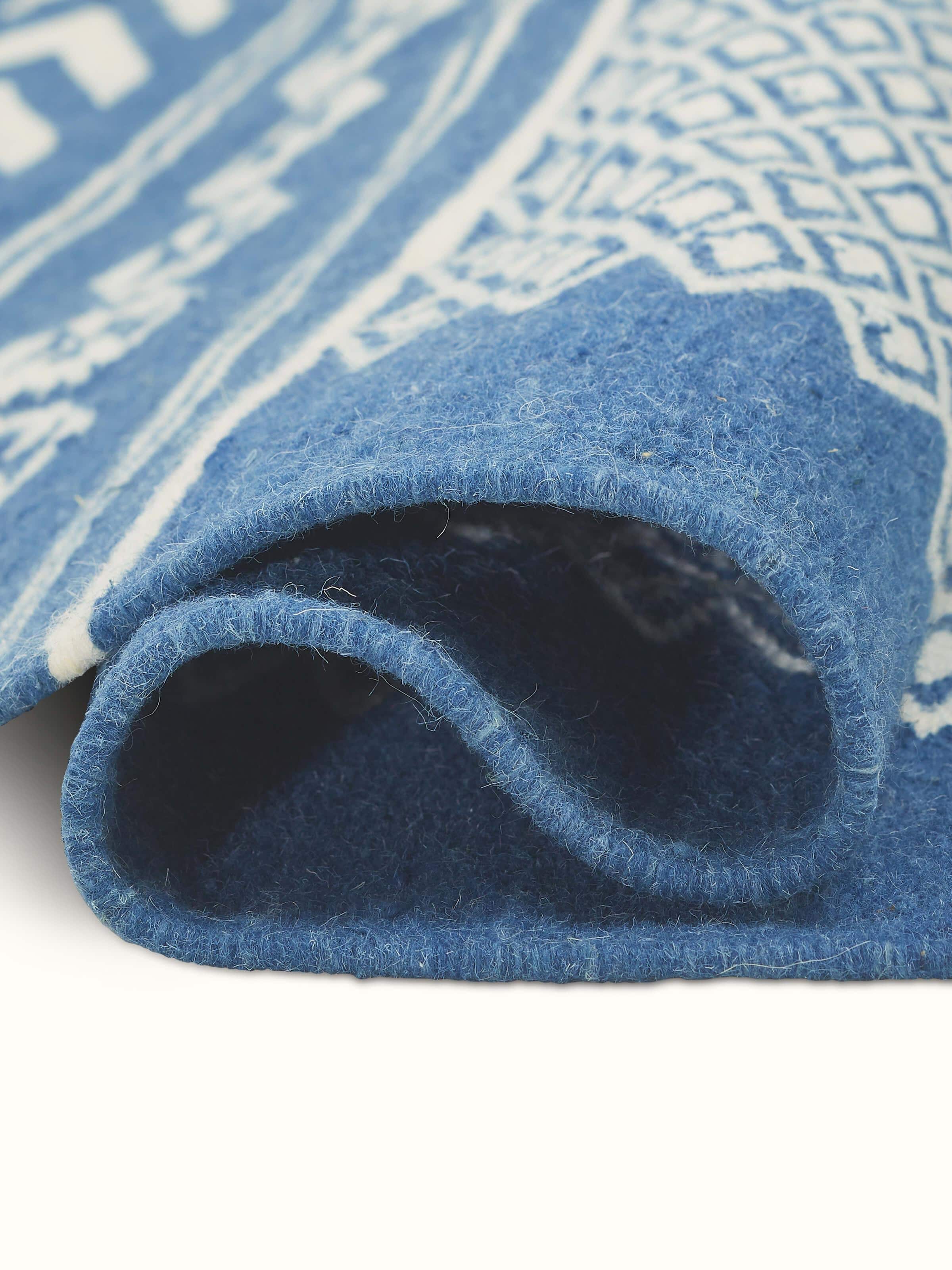 Front view of Traditional Geo indigo ivory Gujarat wool & cotton panja dhurrie kharad (3x5 ft) capturing the full design and color scheme.