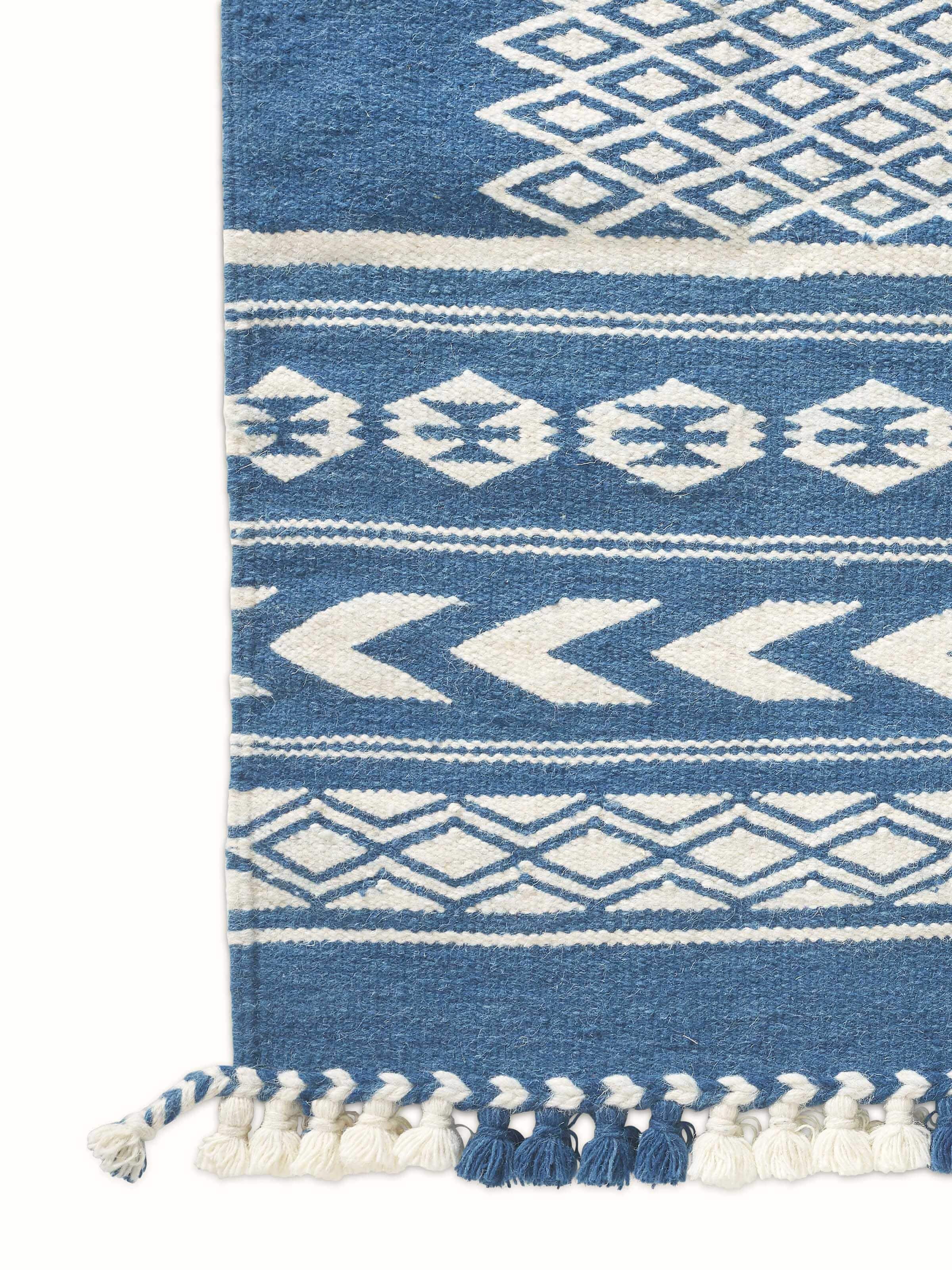 Detailed view of Traditional Geo indigo ivory Gujarat wool & cotton panja dhurrie kharad (3x5 ft) showing the intricate pattern and texture.