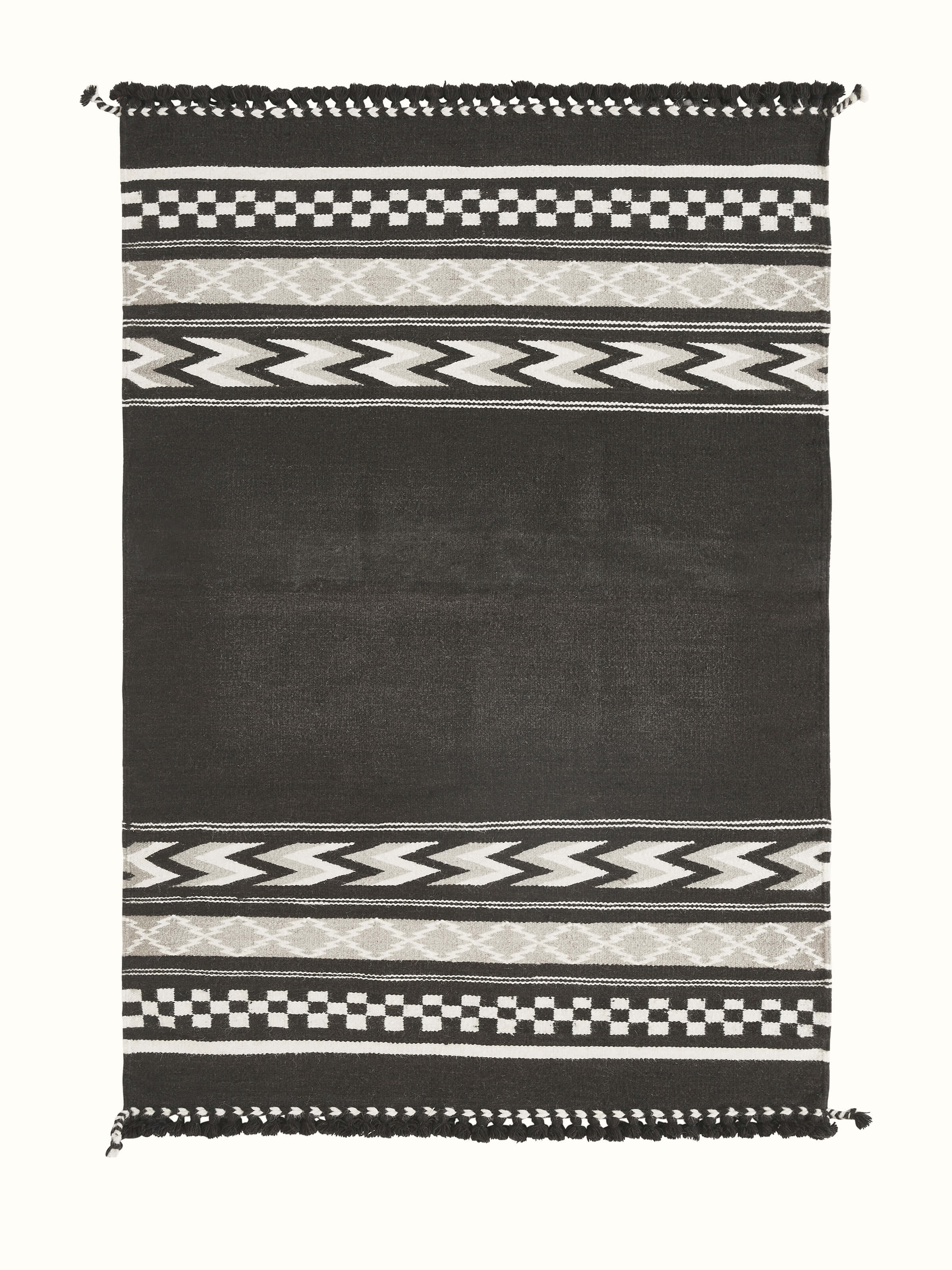 Geo border dark brown Gujarat wool & cotton panja dhurrie kharad (4x6 ft), showcasing the full design and border pattern