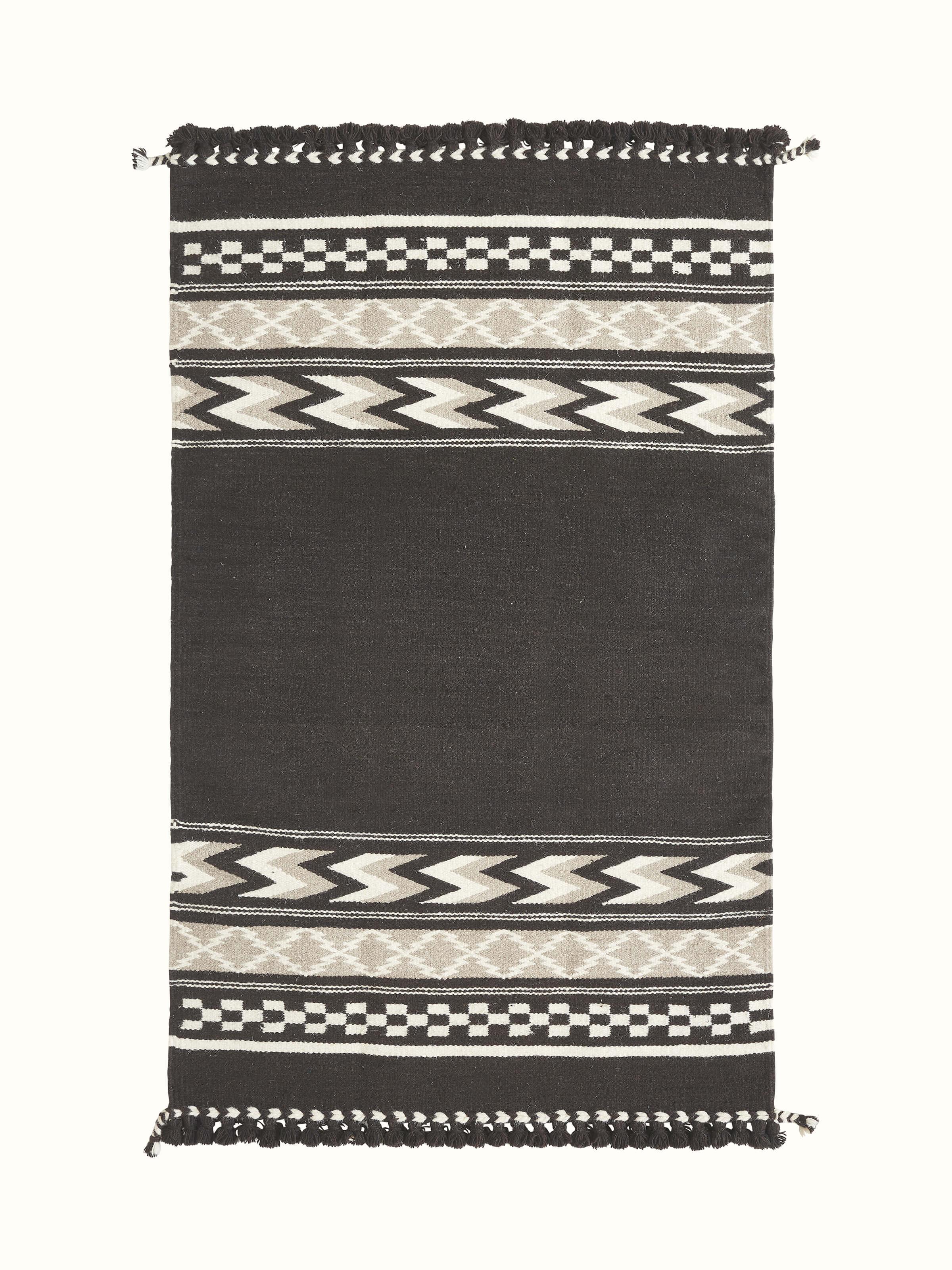 Full view of Geo border dark brown Gujarat wool & cotton panja dhurrie kharad (3x5 ft) showcasing its dark brown color and geometric border design