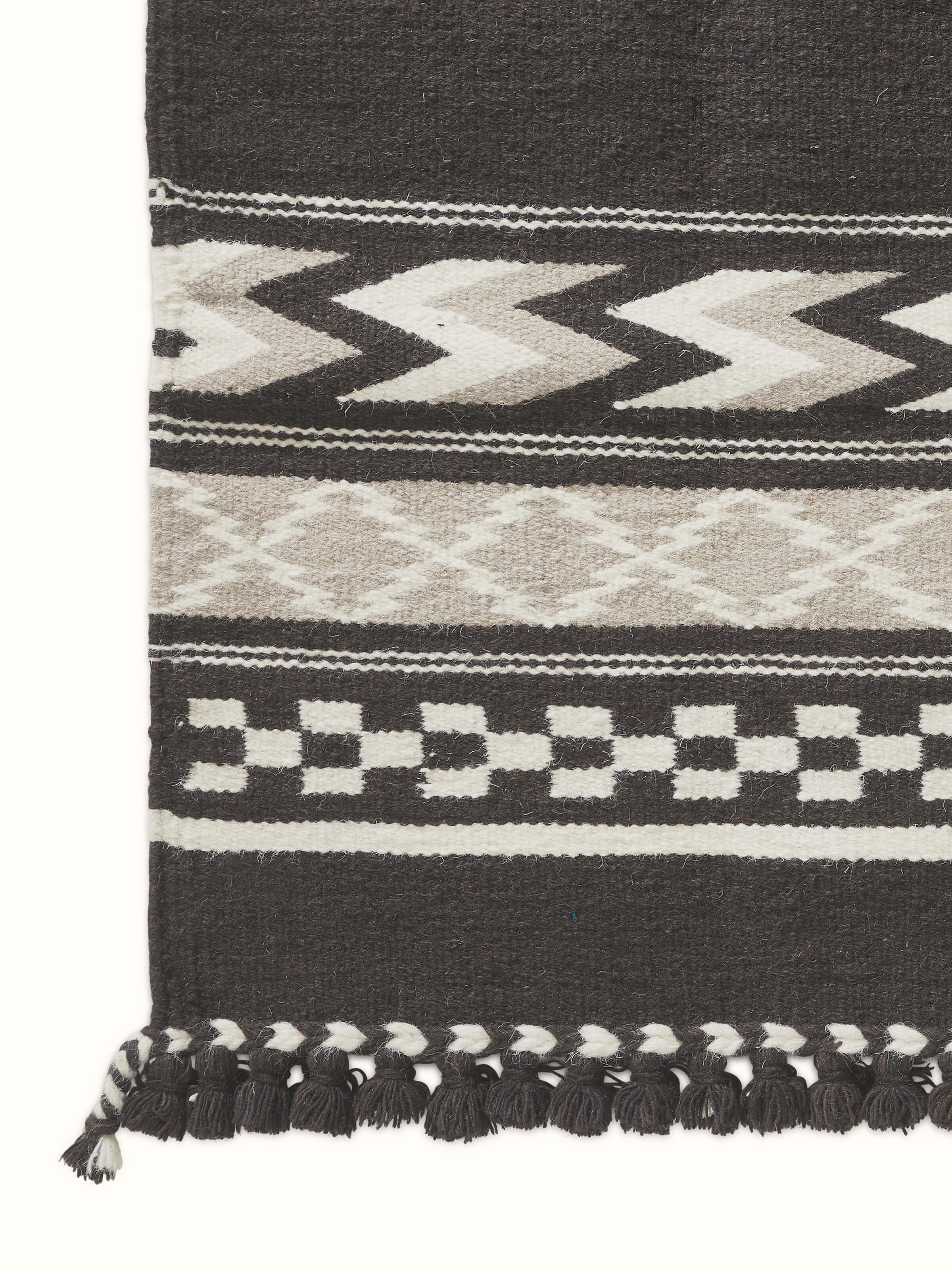 Top view of Geo border dark brown Gujarat wool & cotton panja dhurrie kharad (3x5 ft) highlighting the full pattern and color layout