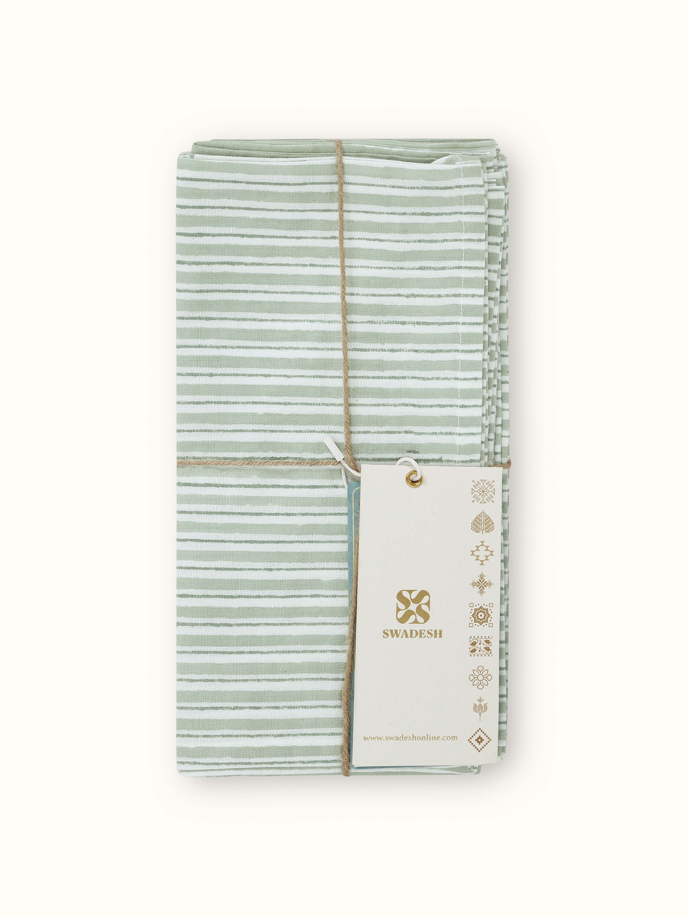 Full set view of Anika Green Stripe Cotton Linen Sanganeri Block Printed Dinner Napkins, displaying all six napkins together.