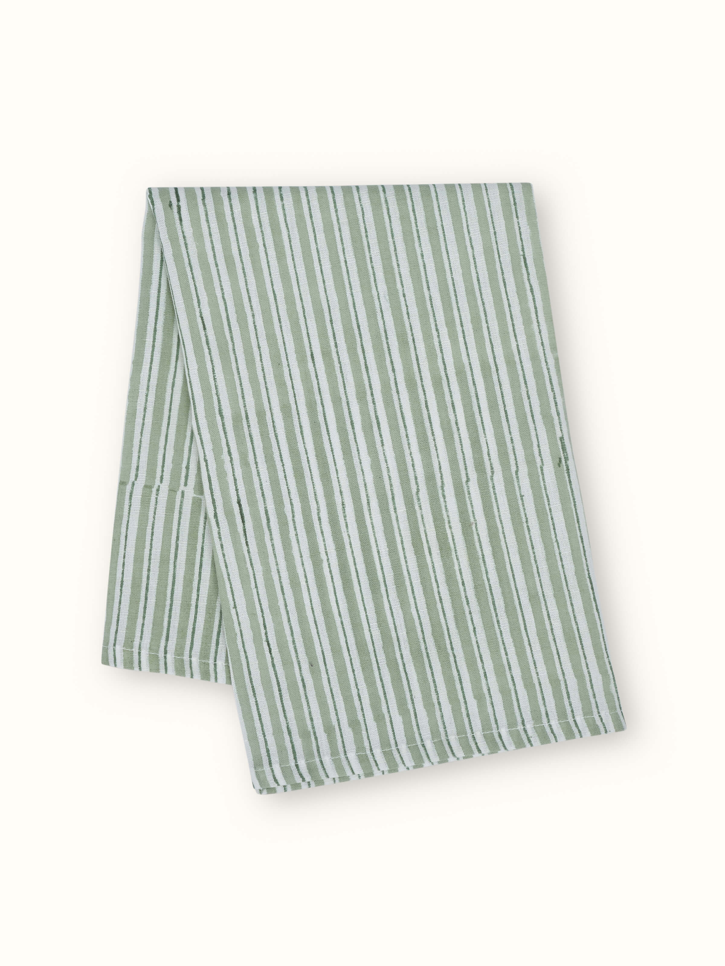 Detailed view of Anika Green Stripe Cotton Linen Sanganeri Block Printed Dinner Napkins, emphasizing the fabric texture and print.