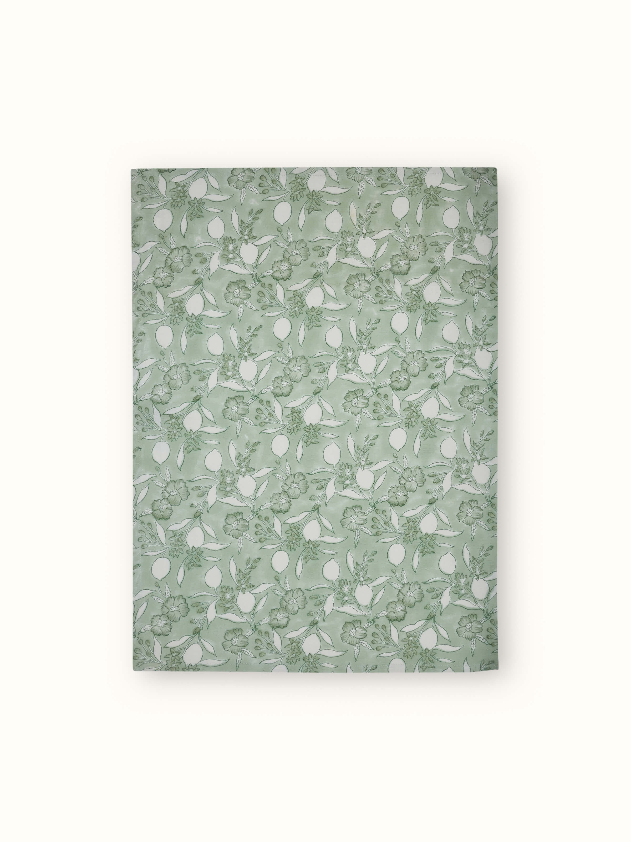Front view of Anika green floral cotton Sanganeri block printed dish towel showing the vibrant green floral pattern.