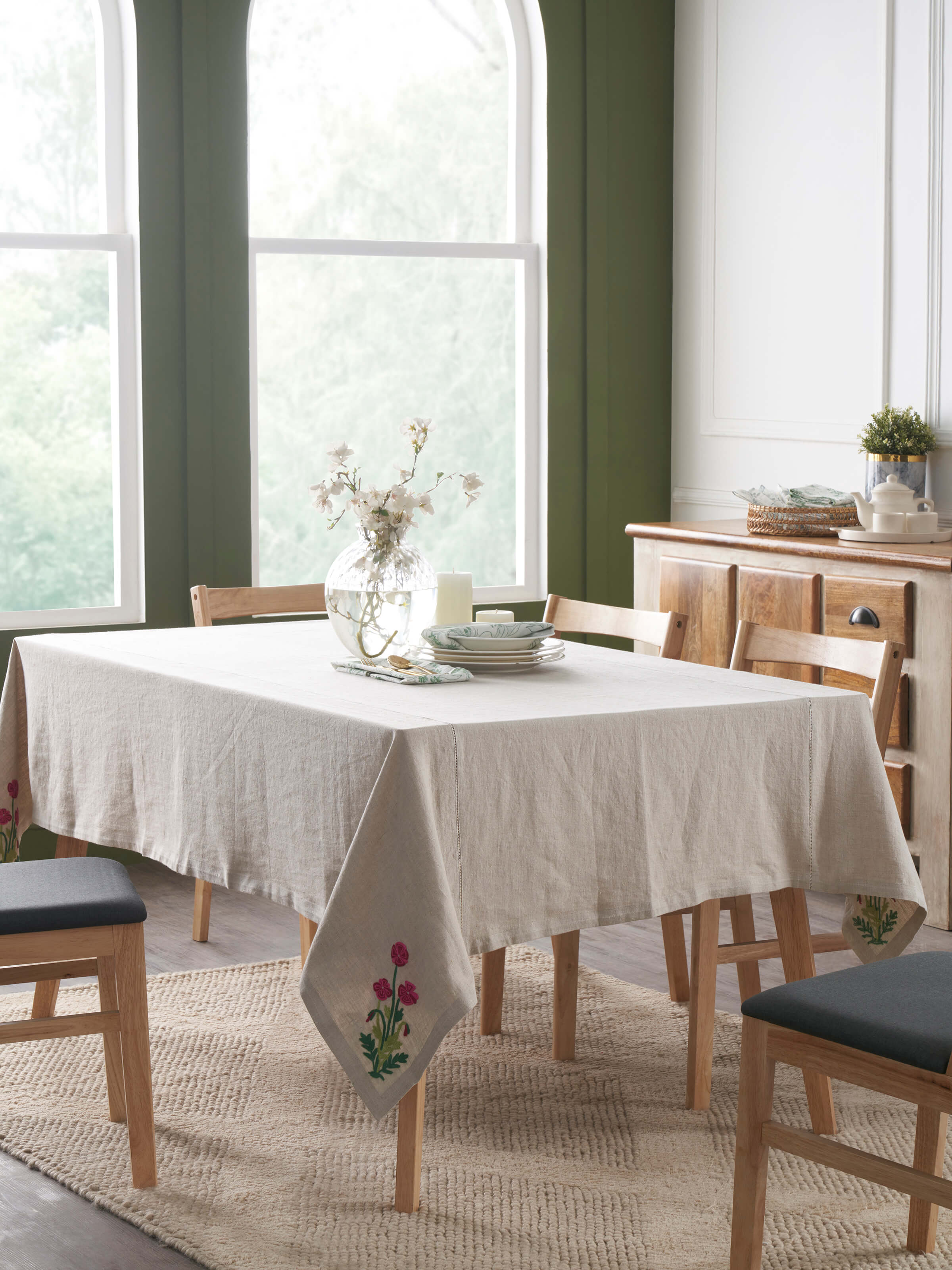 Close-up of Mughal Beige Floral Linen Kashmir Chain Stitch Embroidered Table Cover, highlighting the detailed floral embroidery and smooth linen fabric.