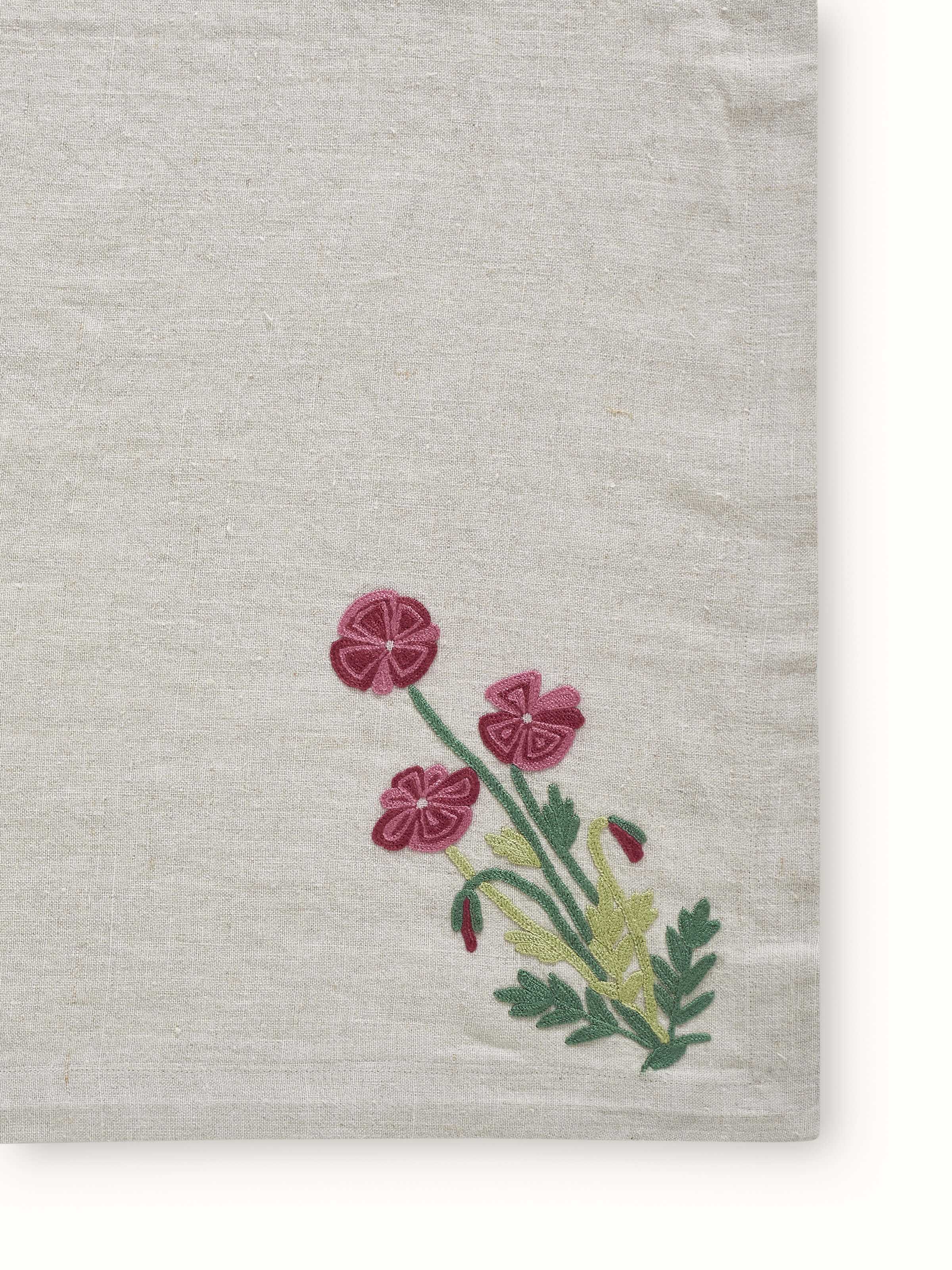 Detailed view of Mughal Beige Floral Linen Kashmir Chain Stitch Embroidered Table Cover, focusing on the craftsmanship and floral pattern.