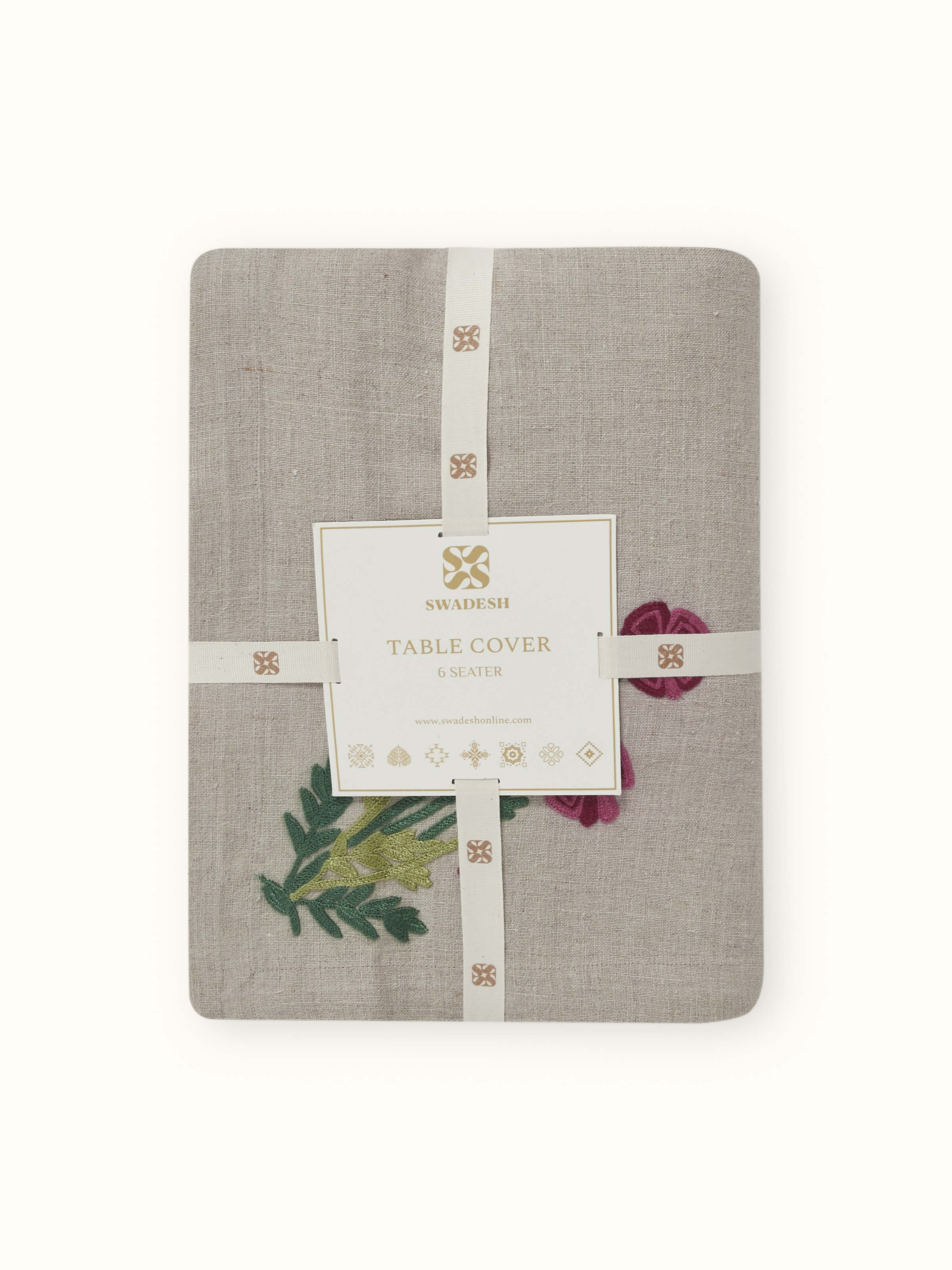 Full setup view of Mughal Beige Floral Linen Kashmir Chain Stitch Embroidered Table Cover on a dining table, showing the complete look with settings.