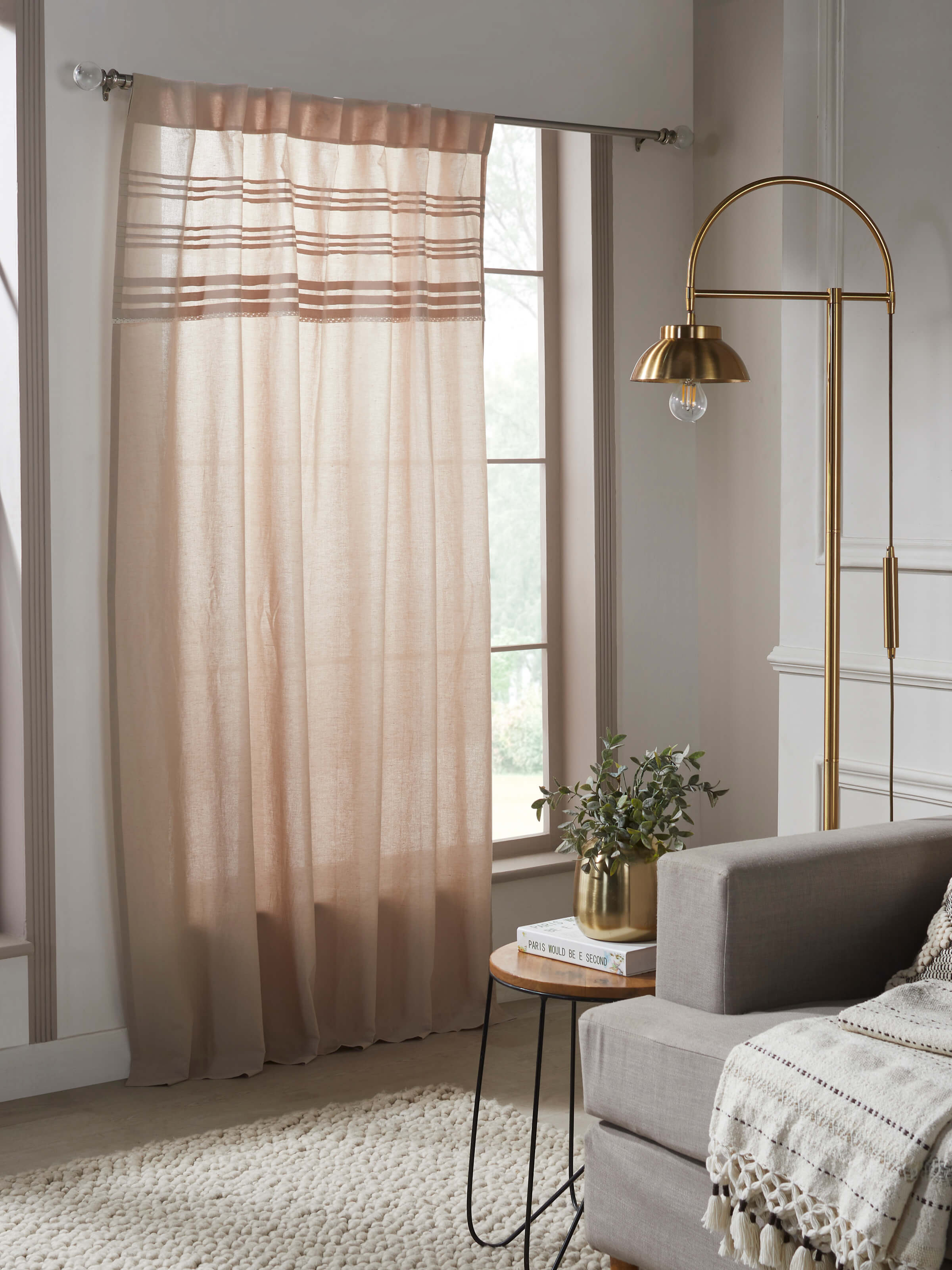 Close-up of Nityam beige solid cotton linen crochet curtain (7 ft) highlighting the crochet pattern and fabric texture.