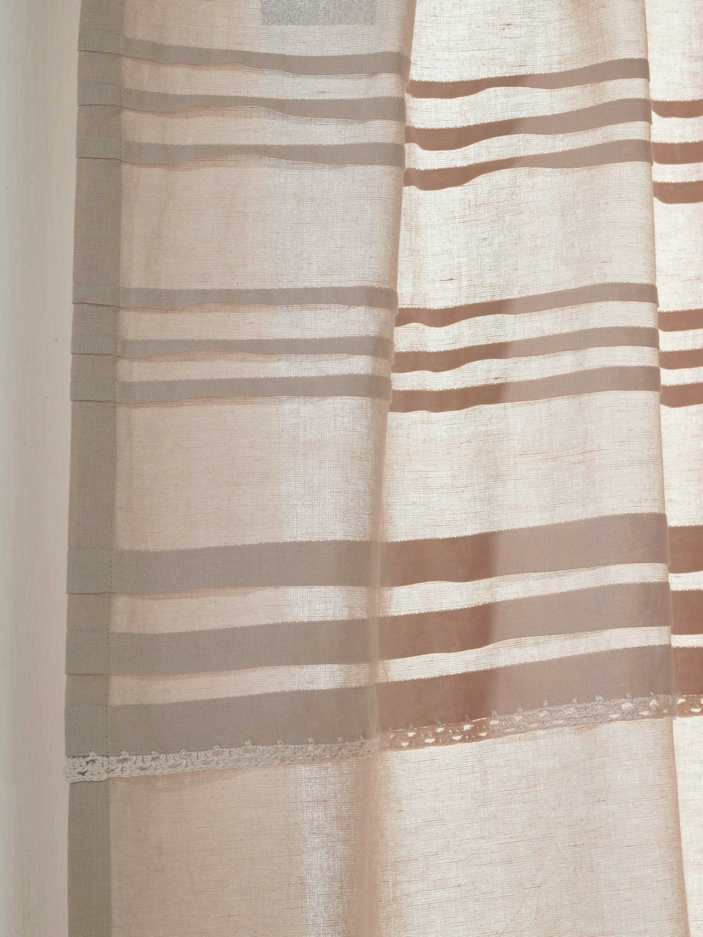 Detailed view of Nityam beige solid cotton linen crochet curtain (7 ft) focusing on the crochet details and fabric quality.