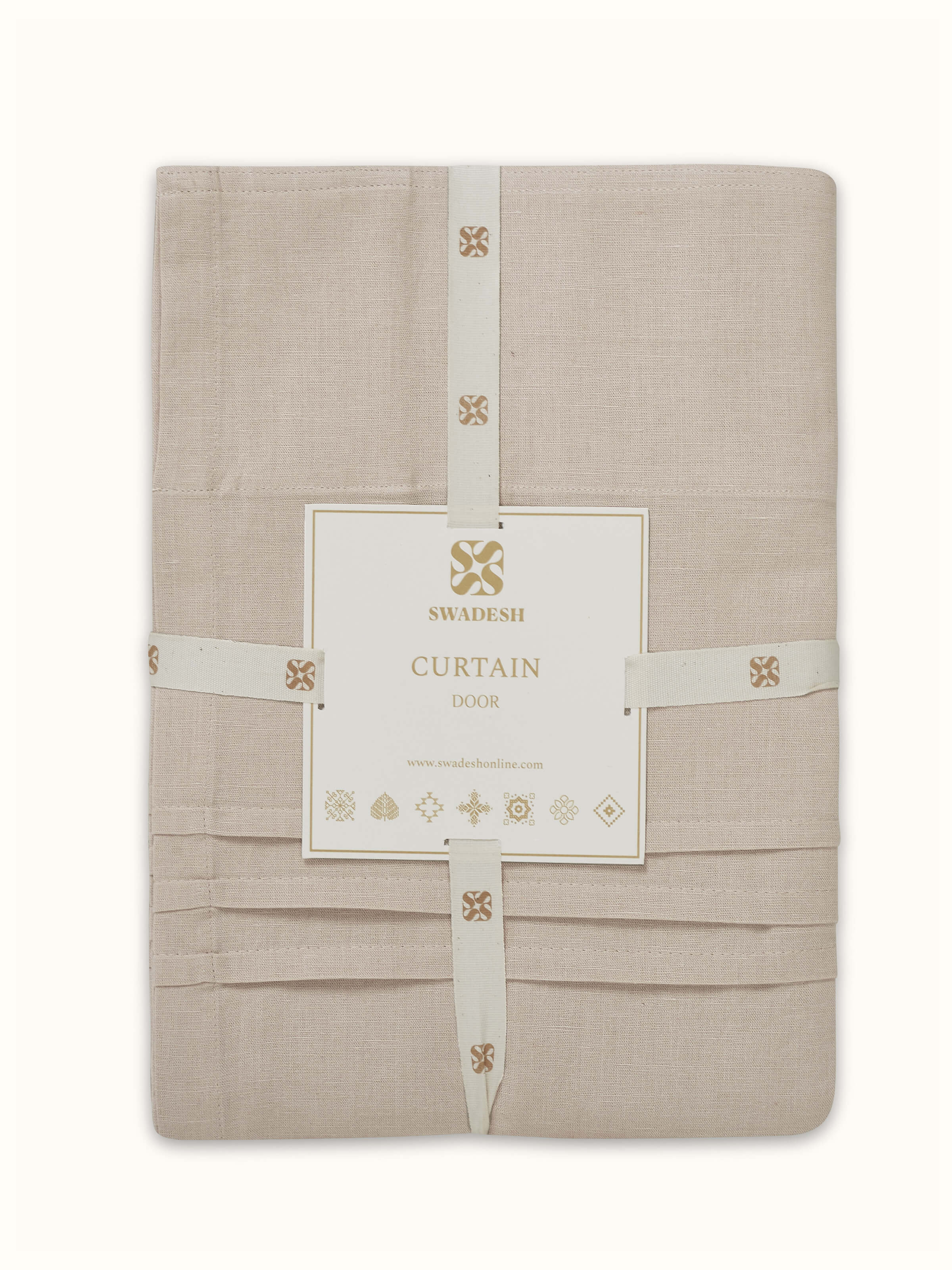 Detailed close-up of Nityam beige solid cotton linen crochet curtain (7 ft) showcasing the fabric's texture and crochet design.