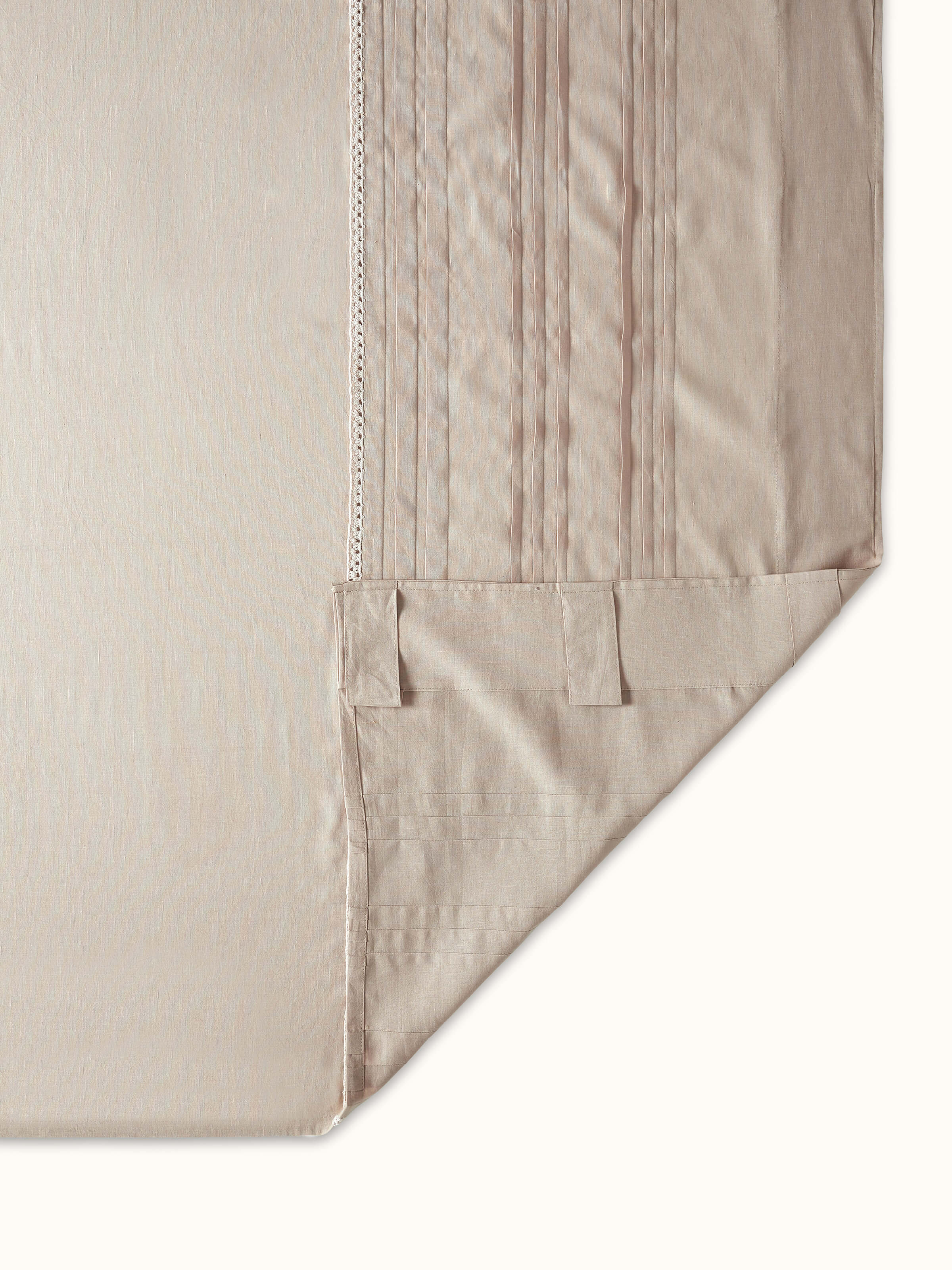 Full view of Nityam beige solid cotton linen crochet curtain (7 ft) with emphasis on the curtain's overall appearance and crochet details.