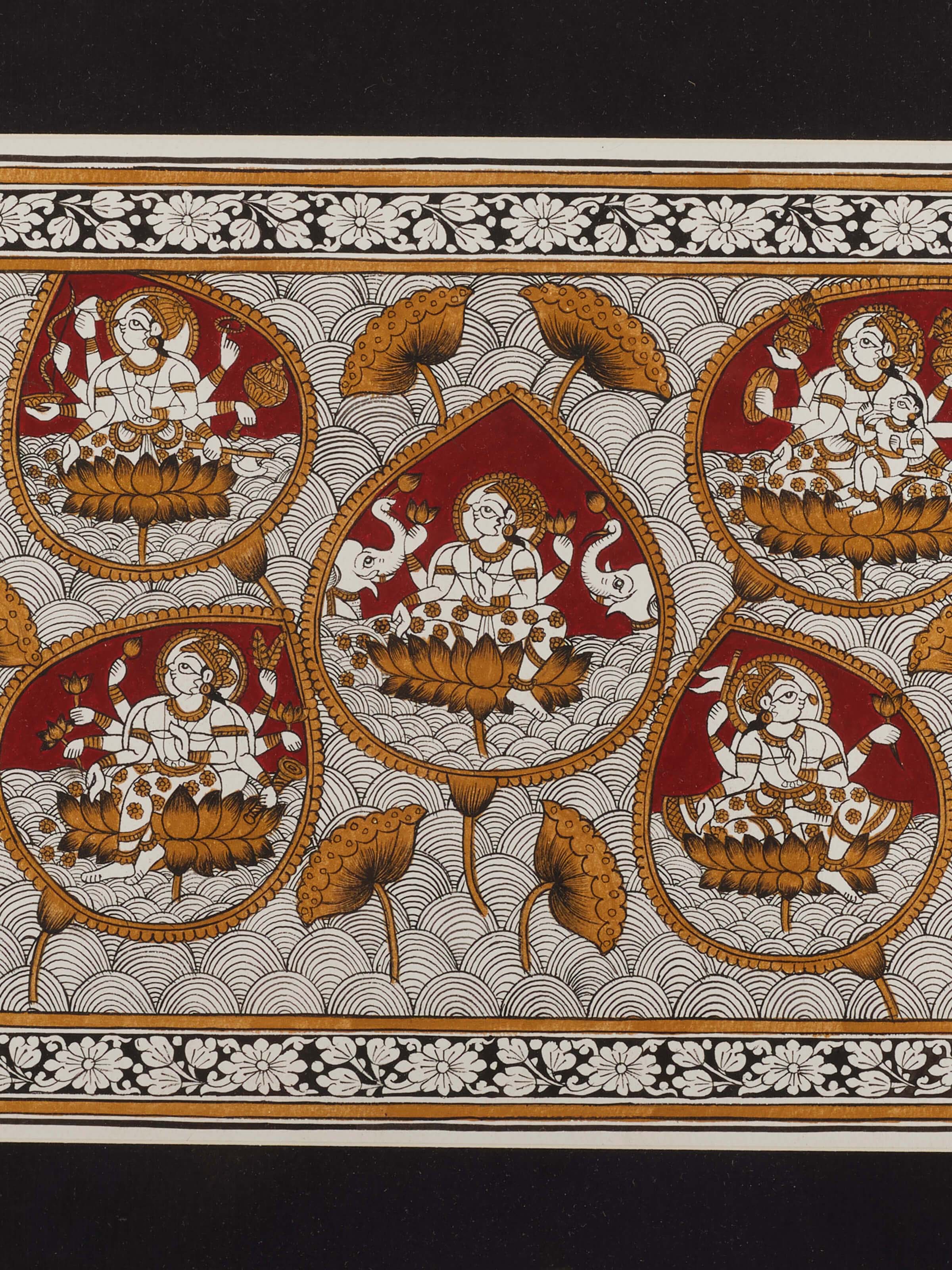 Side view of Phad Ashta Lakshmi painting emphasizing detailed patterns