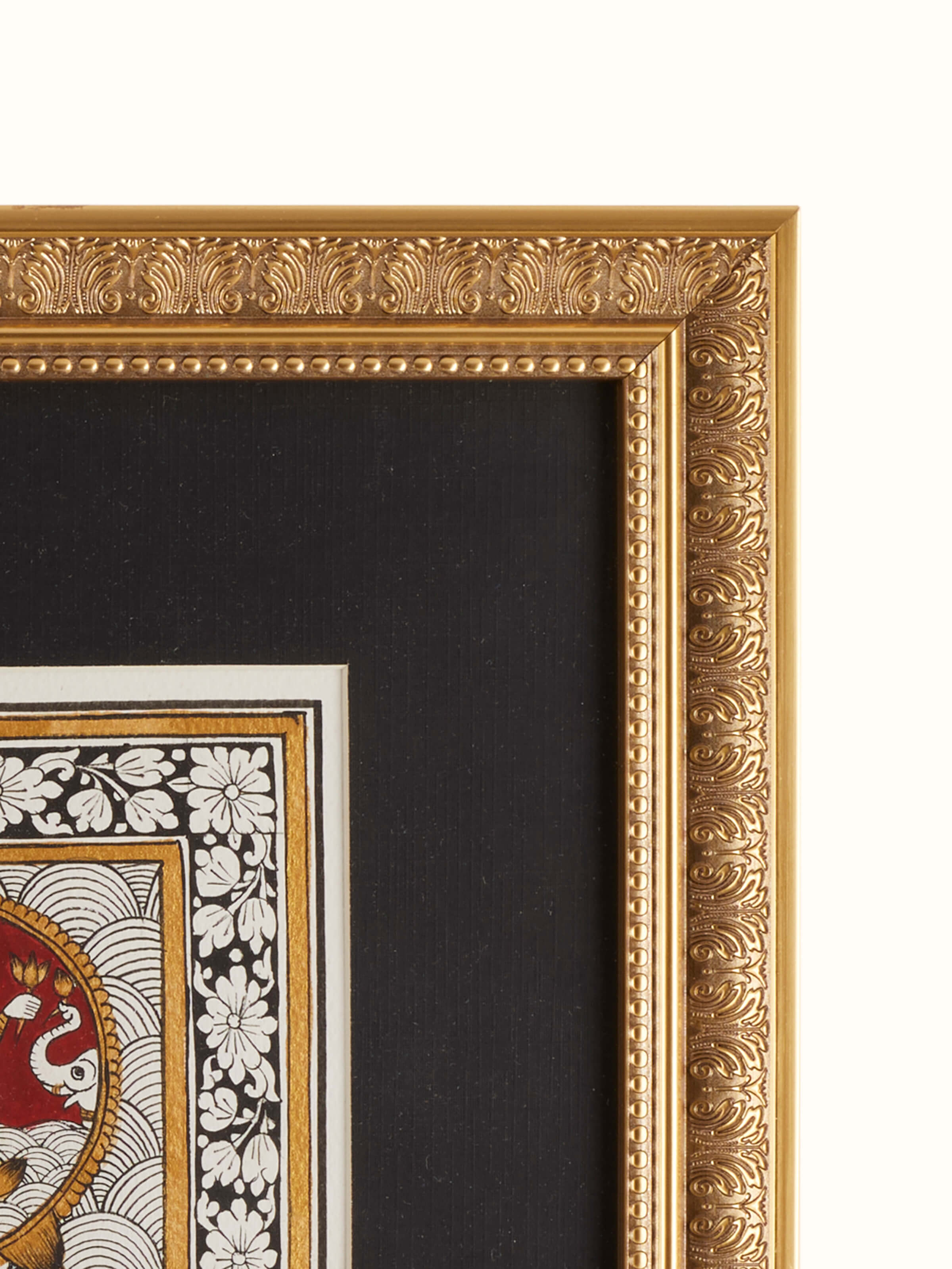 Angle view of Phad Ashta Lakshmi painting featuring vivid colors