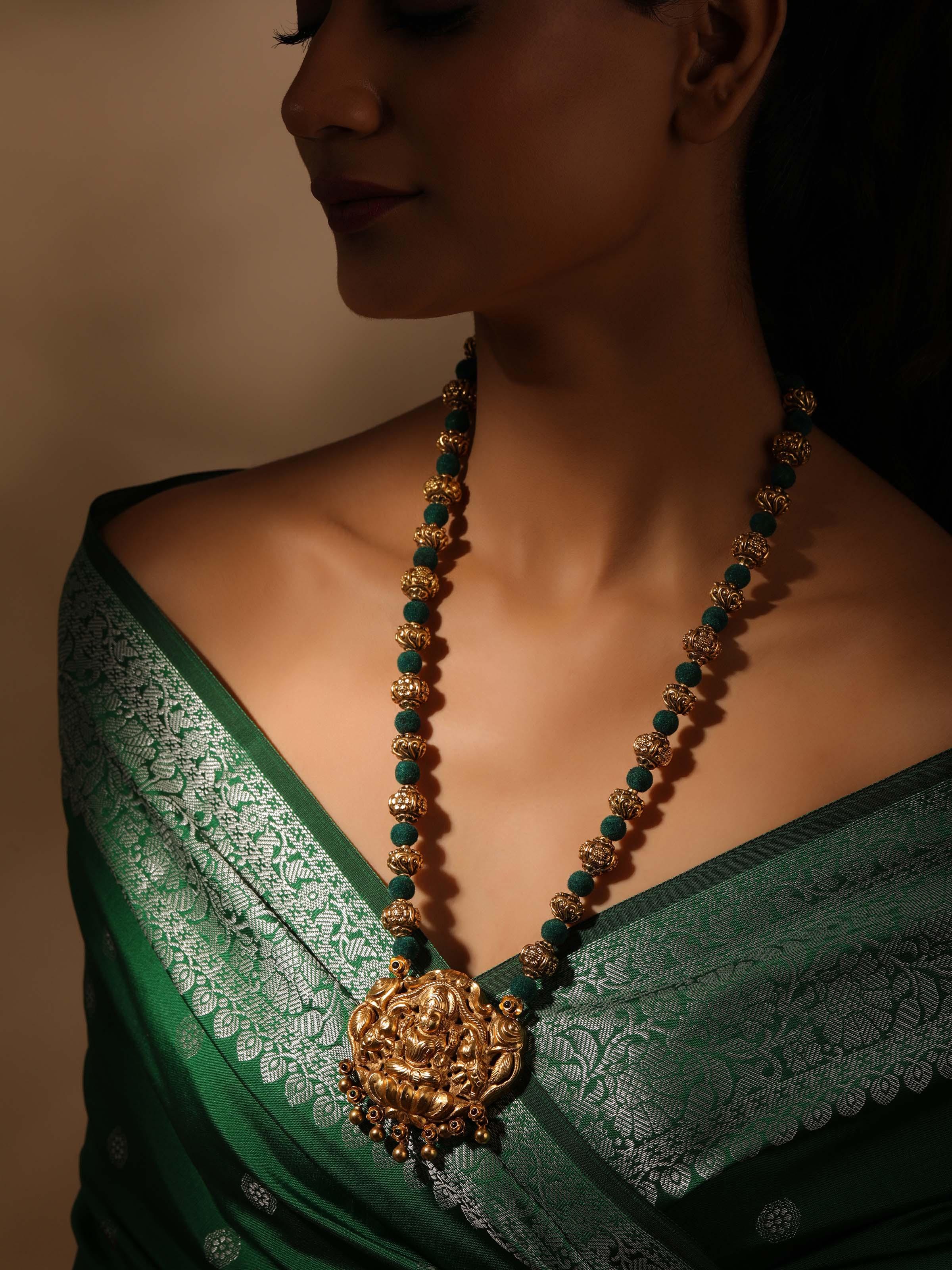 Side view of Silversmithing Long Necklace highlighting its elegant length by Swadesh