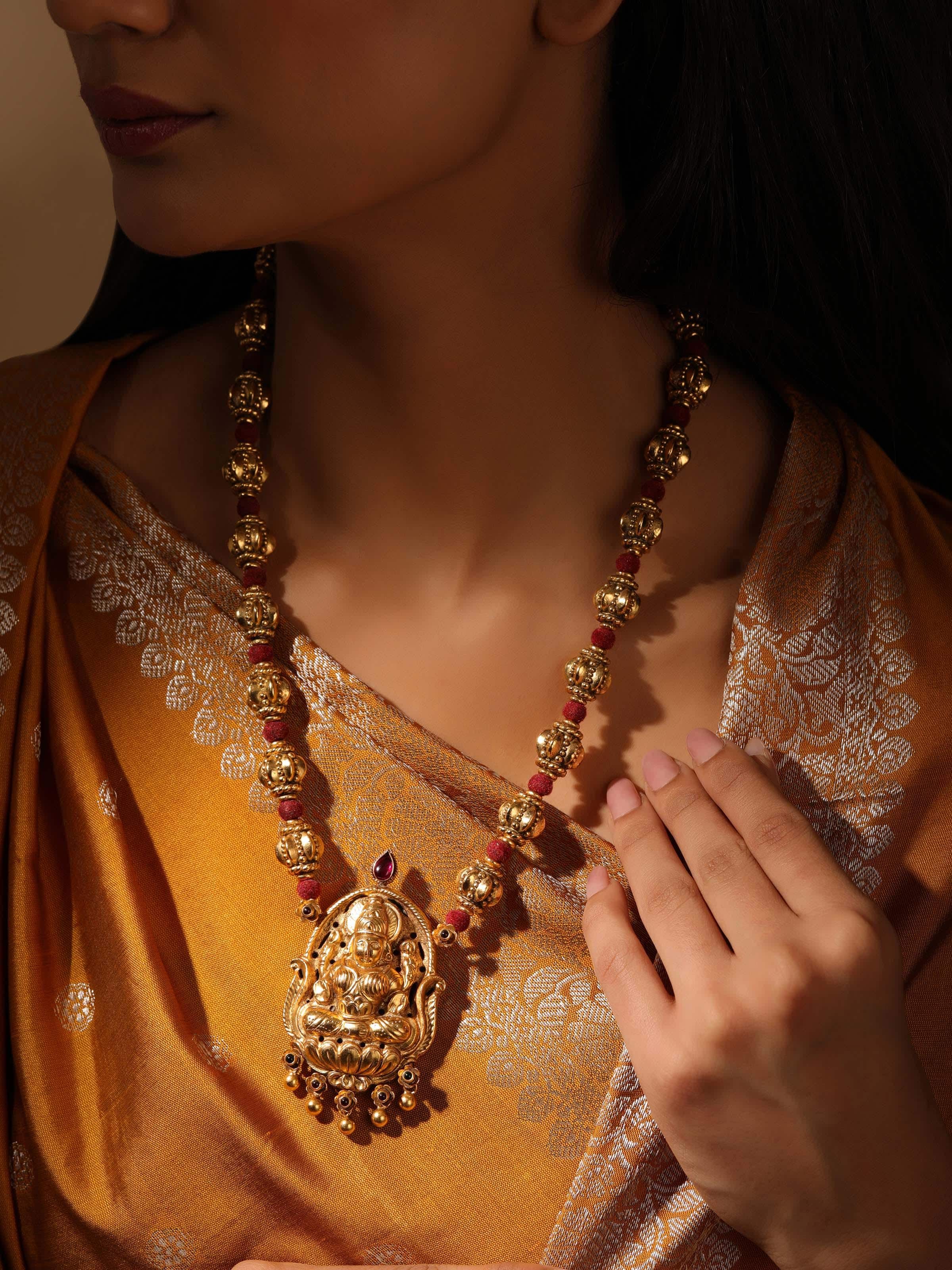 Side view of Silversmithing Long Necklace highlighting its elegant length by Swadesh