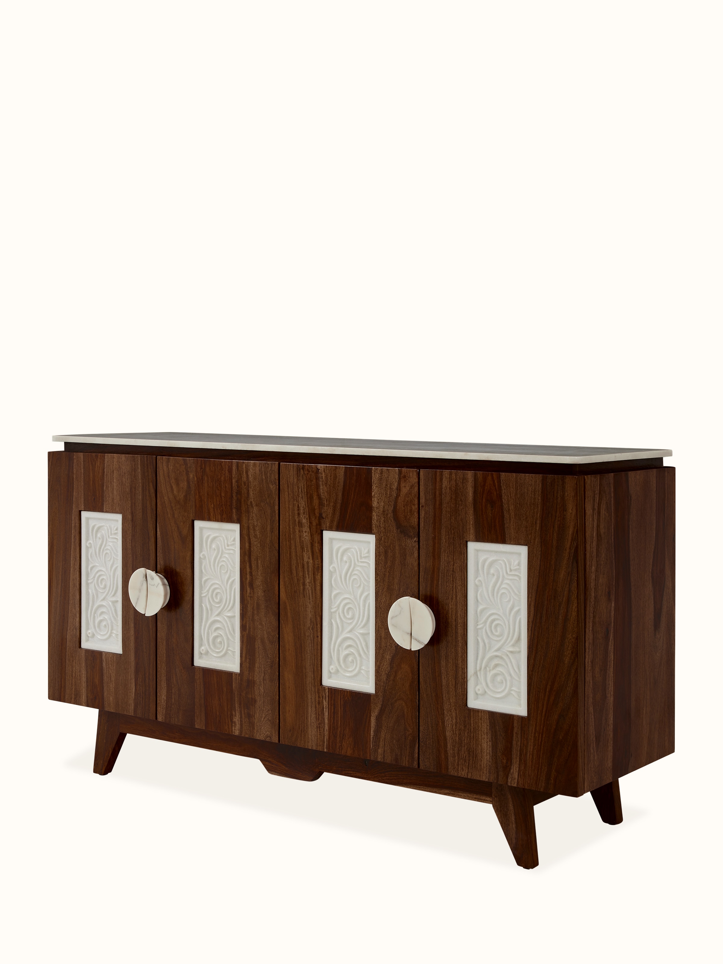 Angled view of the Sheesham wood sideboard with marble top, emphasizing the design and woodwork.