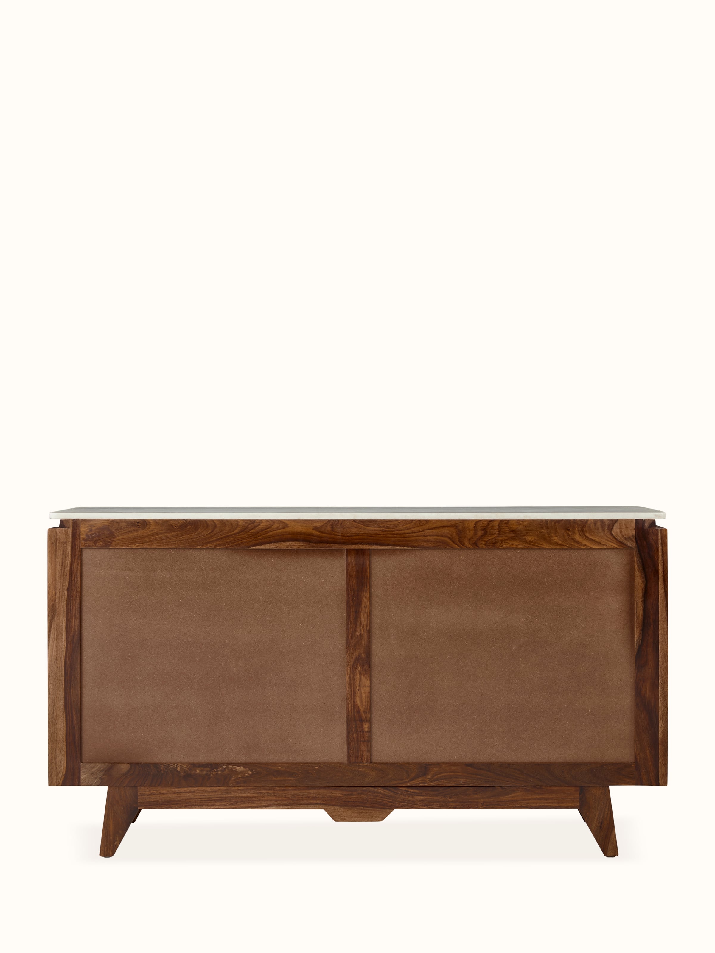 Back side view of the carved Sheesham wood sideboard with a marble top, highlighting intricate wood carvings and marble surface.