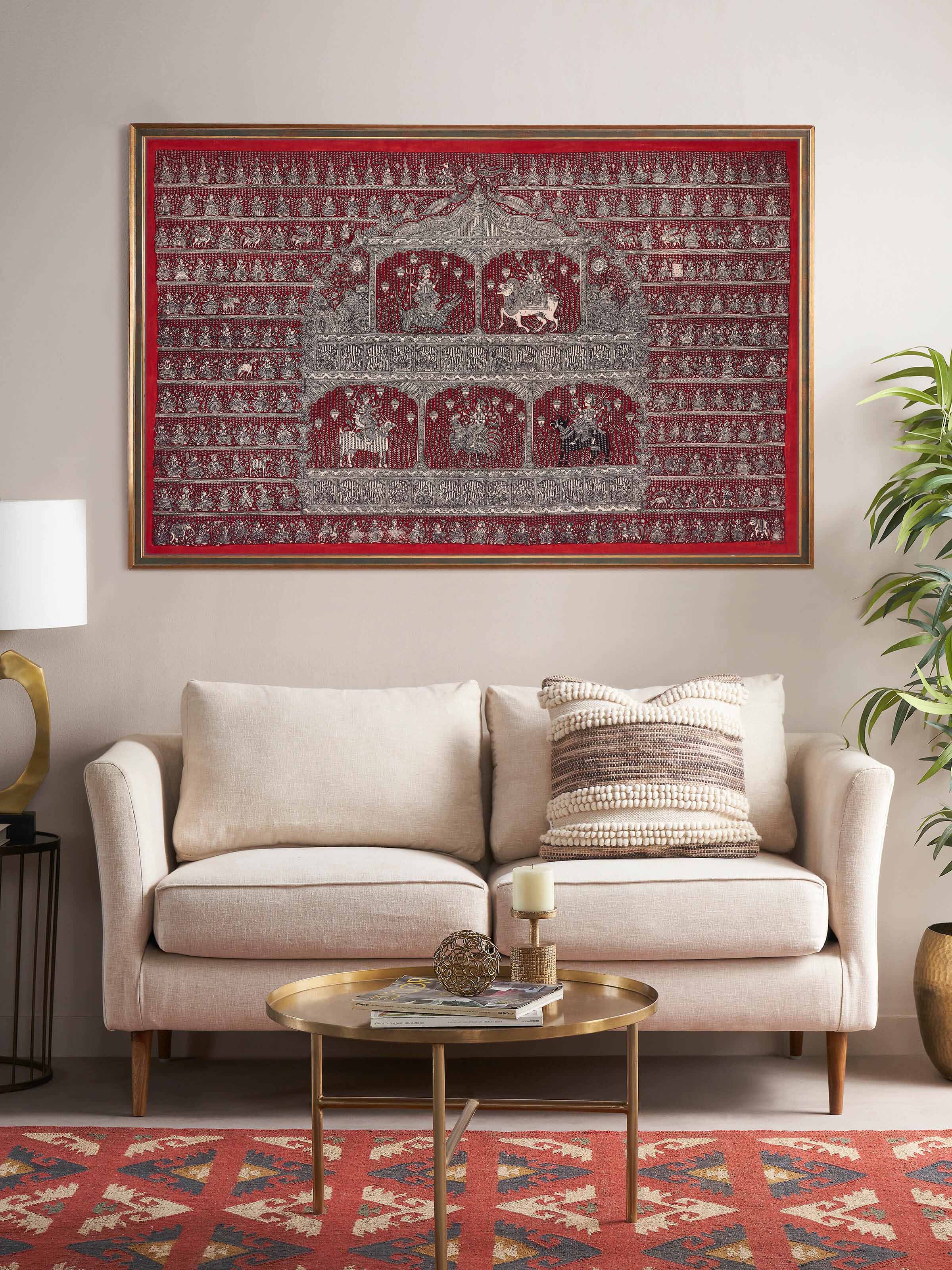 Side view of Mata Ni Pachedi Artwork highlighting detailed artwork and vibrant colors of the fabric.