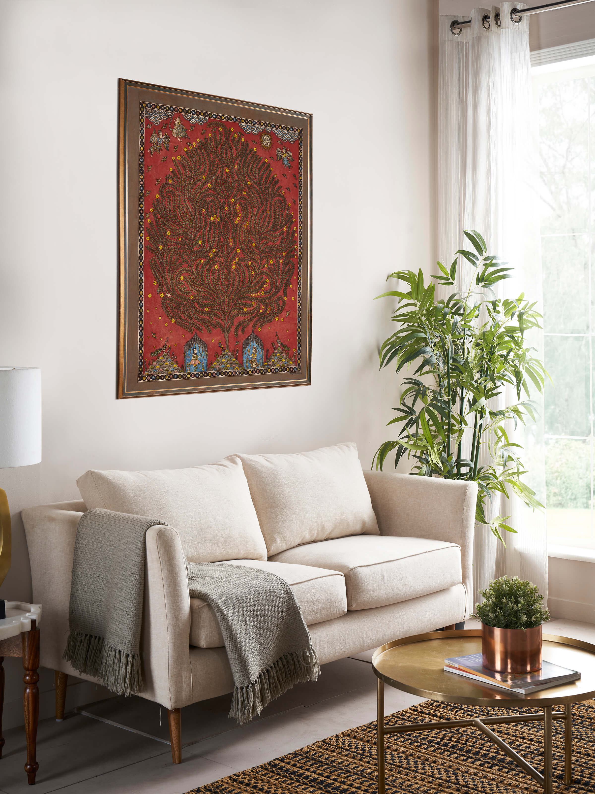 Side view of Mata Ni Pachedi Tree of Life artwork highlighting sacred symbolism and vibrant detailing